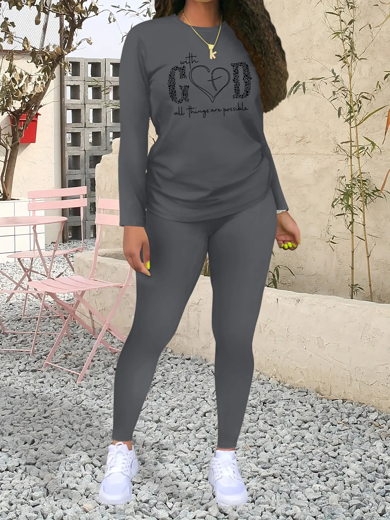 God Letter Print Women's Casual Sportswear Two-Piece Set, Fashionable Long Sleeve Top & Tight Pants, Fall & Winter