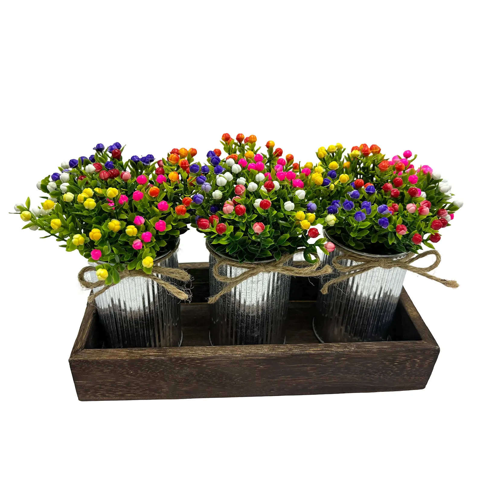 Artificial Babys Breath Flower Set, Wooden Tray + Galvanized Metal Bucket + Paper Pulp Pots, Rustic Farmhouse Centerpiece for Dining Table Kitchen Coffee Table, 3-Piece Set
