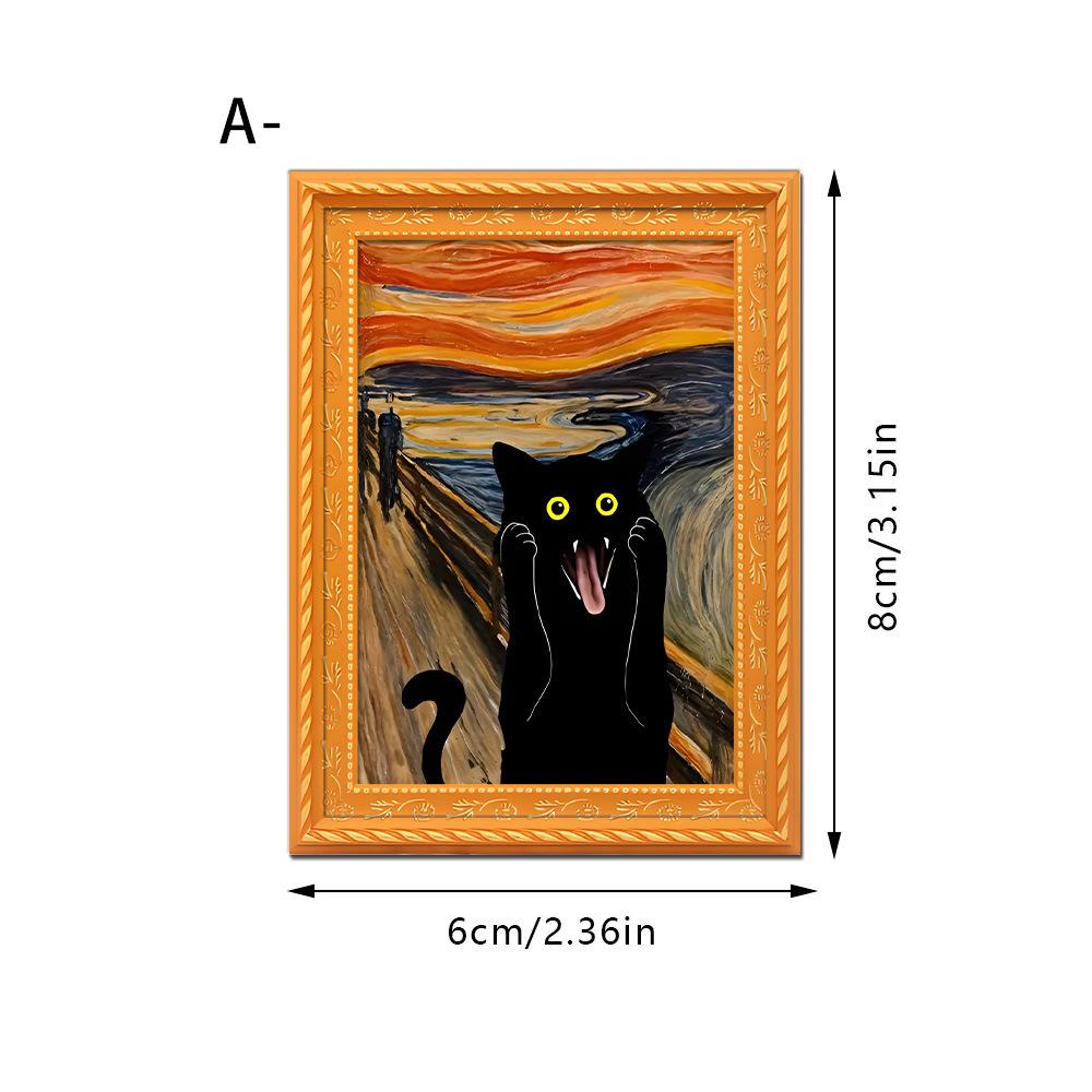 Cross-Border New Black Cat Series Oil Painting Style Screaming Kitten Photo Frame Wooden Retro Magnetic Fridge Magnet