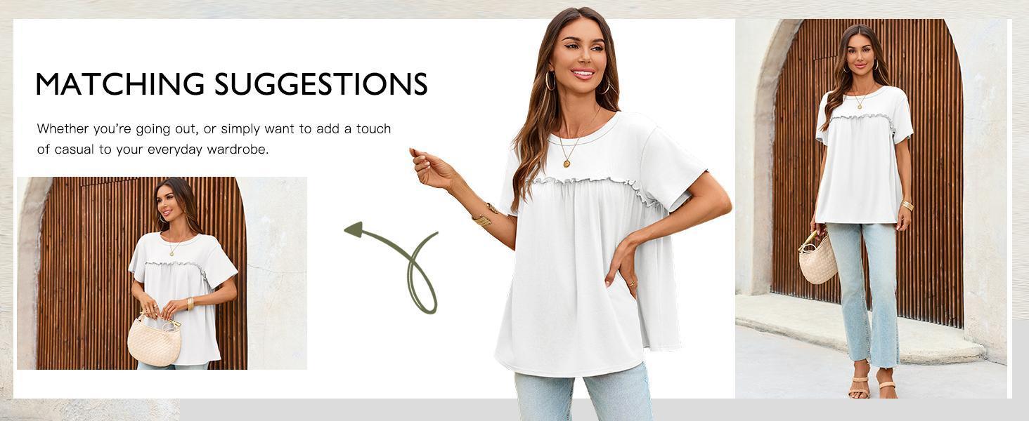 Womens Summer Babydoll Tunic Tops Pleated Short Sleeve Crew Neck Peplum T Shirts Casual Loose Fit Outfits Womenswear Blouse church outfit Breathable Chic
