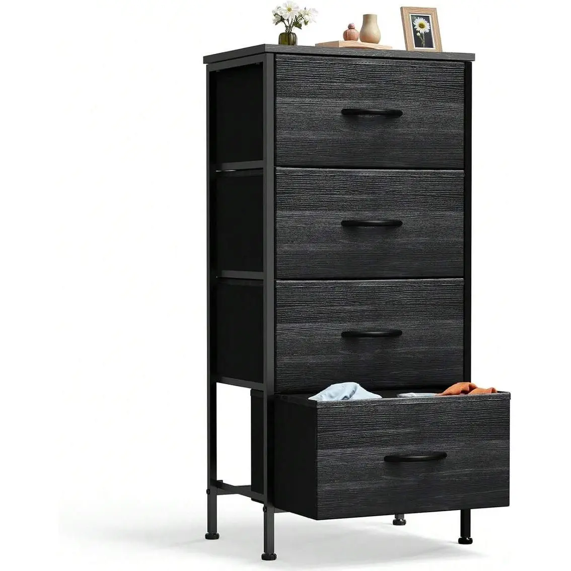 Drawer Organizer Dresser With Removable Bins & Sturdy Steel Frame/Wood Top - Tall Bedside Table Suitable Bedroom, Dorm, Living Room