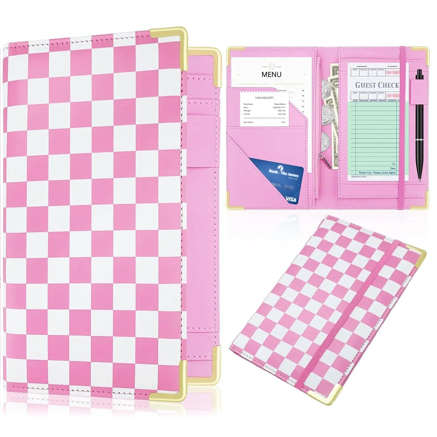 Large Synthetic Leather Waitress Server Book - Retro Checkered Pattern Check Holder Organizer with Zippered Pockets, Pen Holder, Apron Loop