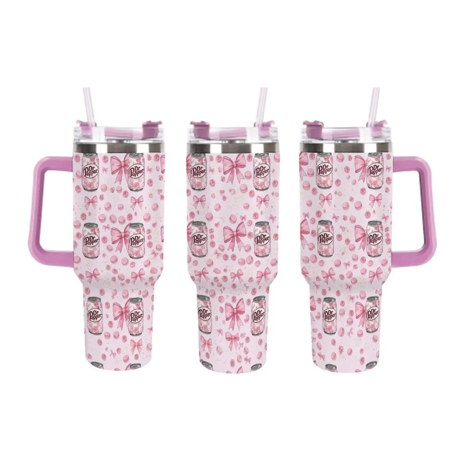Pink Bow Bubble Glitter Light Pink Base Soda Can Seamless Flat Print 40oz Handle Stainless Steel Car Tumbler With Straw Lid, Vacuum Insulated Girly Style Travel Mug, Halloween Christmas Birthday Gift For Coquette Bow Lovers Soft Pink Fans
