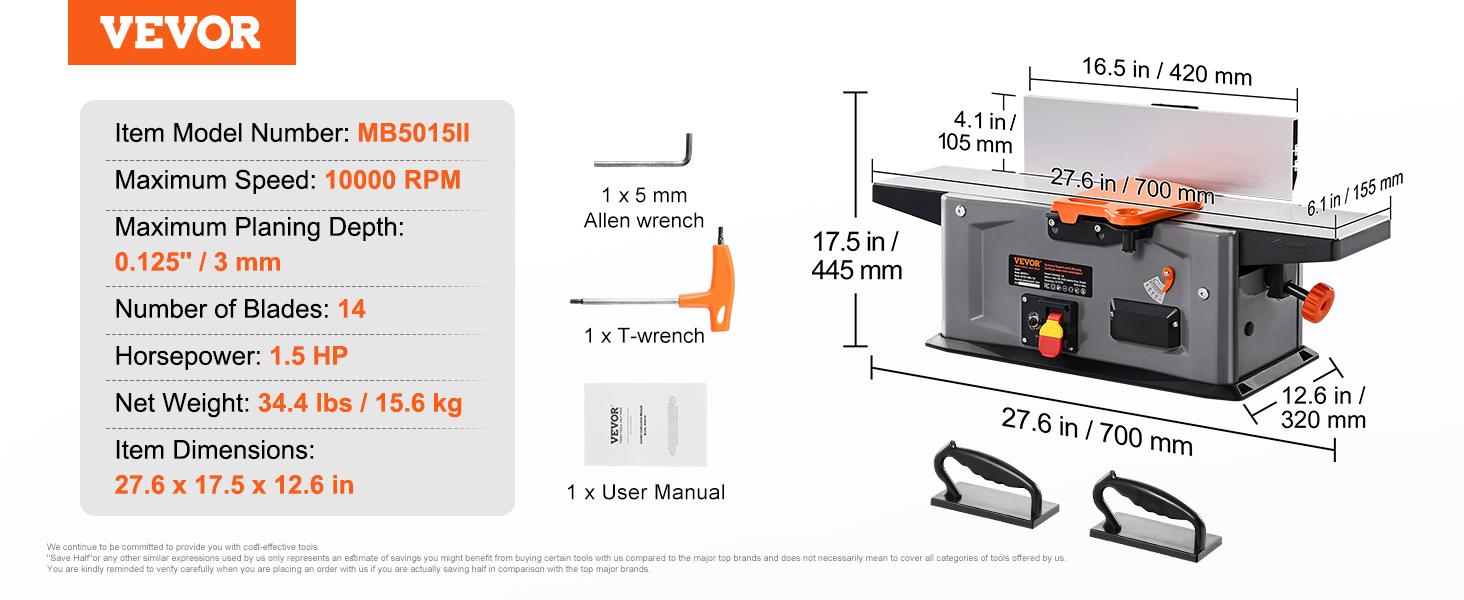 VEVOR Spiral Benchtop Jointer, 6 in, 1.5HP 10000 RPM Bench Top Wood Jointer, with 14-Blade Spiral Cutterhead 0-1/8'' Adjustable Depth 6.1x27.6'' Table, Portable Woodworking Jointer for All Wood Types