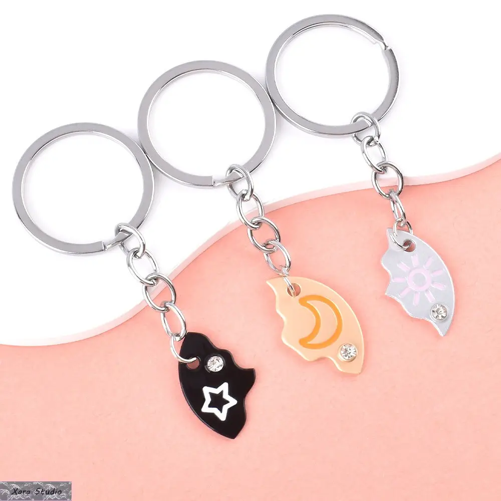Stainless Steel Jewelry Friendship Keychain Set (3-Piece) - Sun-Moon-Star Puzzle Split Design, Matching Trio Friendship Gift for Women