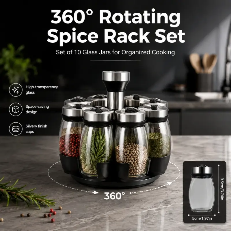 6Pcs 360 Rotating Glass Spice Jars, High Transparency Glass, Space-saving Design with Matte Silver Lids, Clear Containers, Perfect for Kitchen Food Storage.