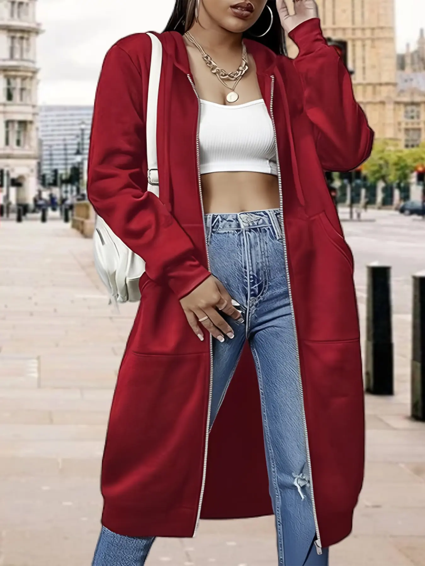 Plus Size Solid Long Sleeve Long Hoodie Jacket Coats with Zipper, Mid-Length Casual Women Outerwear for Fall Winter, Versatile and Stylish