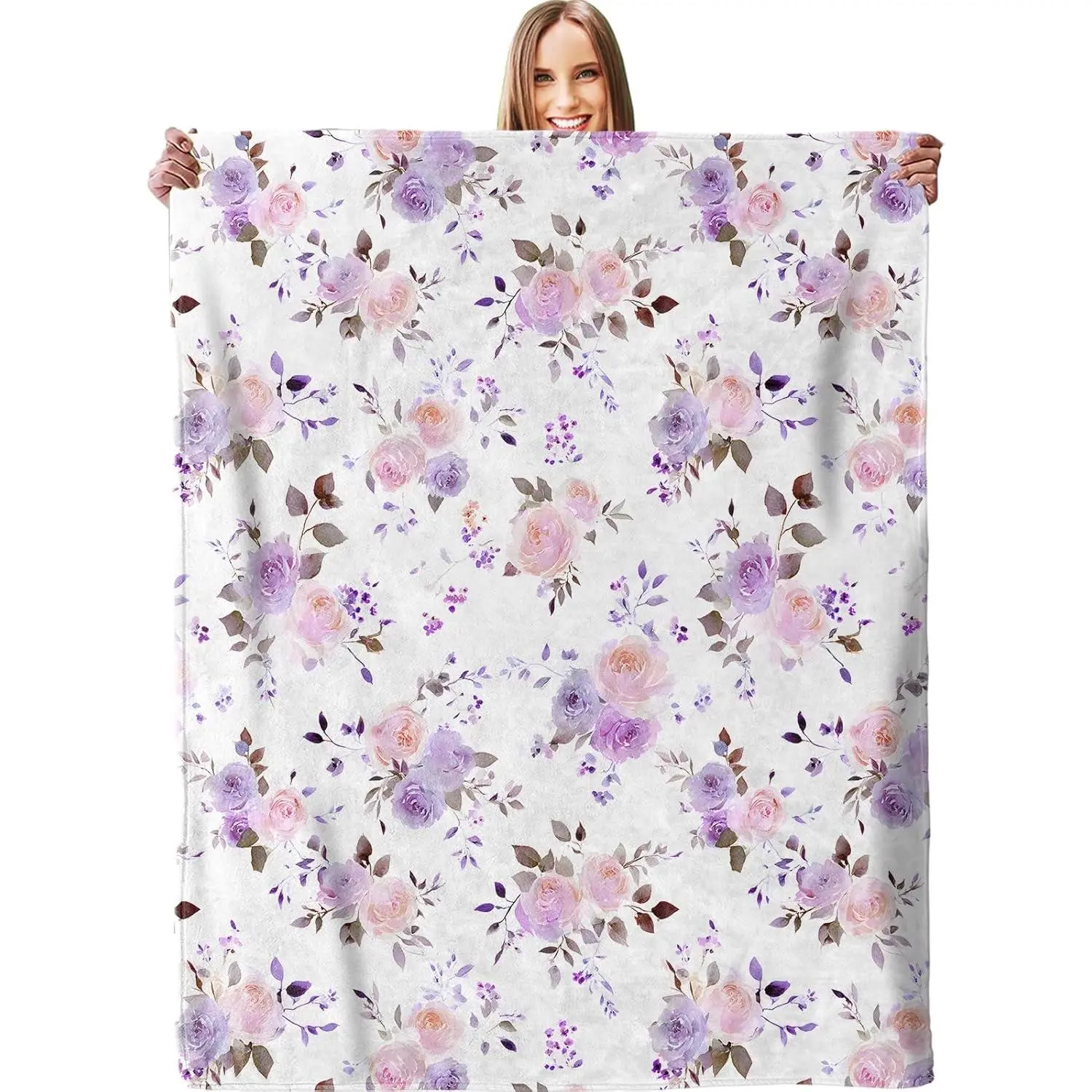Pastel Lavender Watercolor Flowers Flannel Fabric Blanket - Lightweight Soft, Plush Warm Cozy Throw for Couch/Outdoor, Home/Camping, Gifts for Women