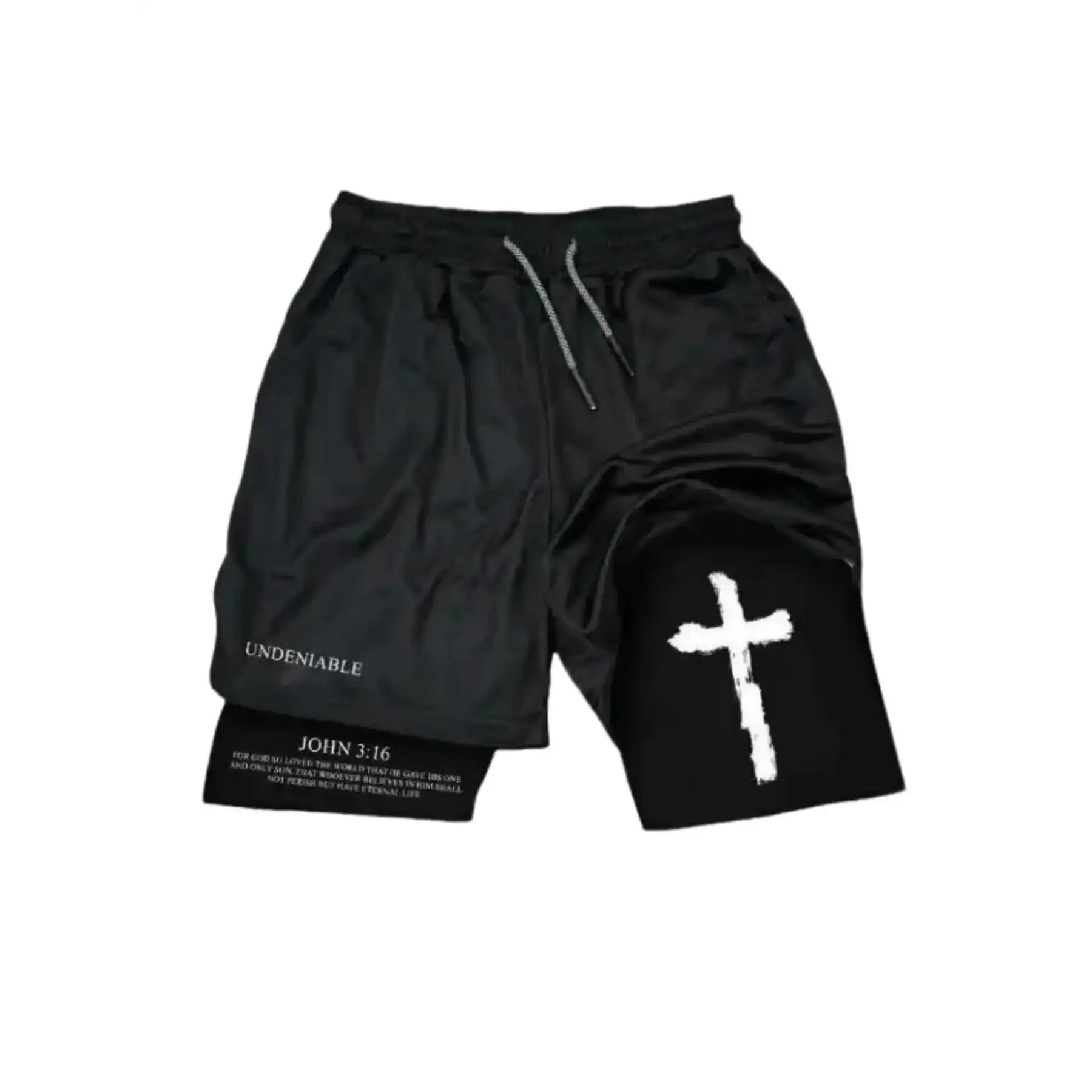 JOHN 3:16 Cross UNDENIABLE Shorts Print 2-in-1 Athletic Shorts Black Unisex Sports Double-Layered Inner Shorts Drawstring Design Men Women Basketball Shorts Pocket