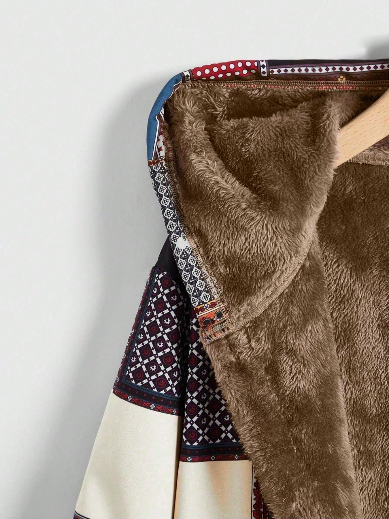 Women's Patchwork Print Long Sleeve Hooded Coat, Casual Jacket Coat, Casual Pocket Thermal Lined Outerwear for Fall & Winter, Women's Clothing for Daily Wear