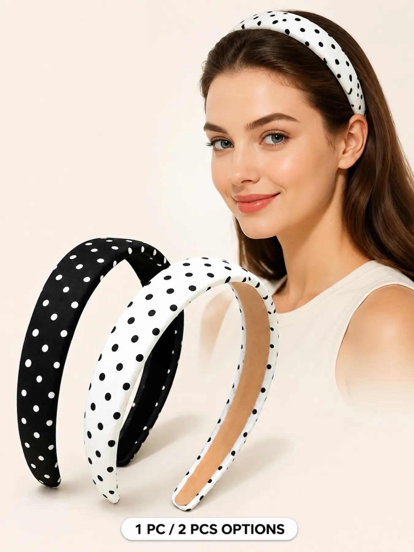1/2PCS 1 Inch Wide Padded Polka Dot Headbands for Women, Non-Slip Plastic Hairbands, Cute Trendy Hair Accessories for Girls, Daily Wear