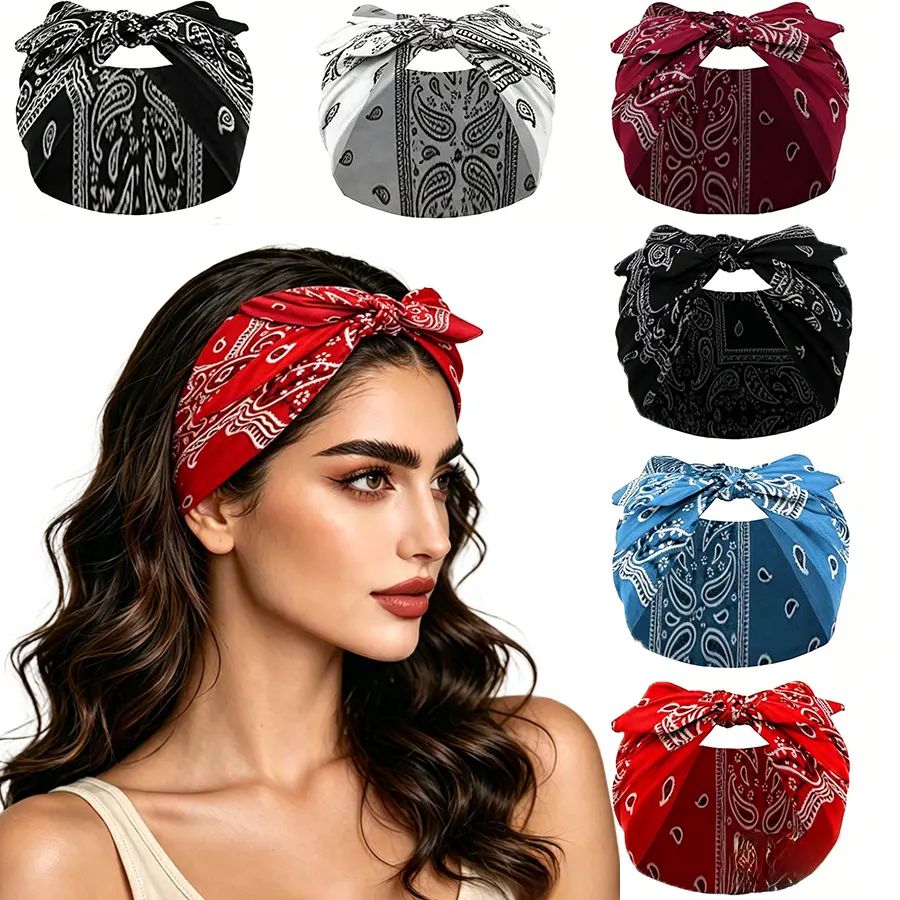 Vintage Paisley Pattern Bandana Knotted Headbands, 4pcs Unisex Stretch Elastic Hair Turbans with Random Assorted Colors for Beach, Casual, Everyday Use, Daily, One Size