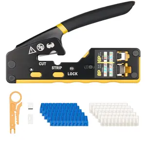 RJ45/RJ11/RJ12 Ethernet Crimping Tool Kit for 4/6/8-Pin Modular Plugs, with Mini Wire Stripper, 50 Connectors, 50 Boots, Replacement Blades & Network Cable Tester