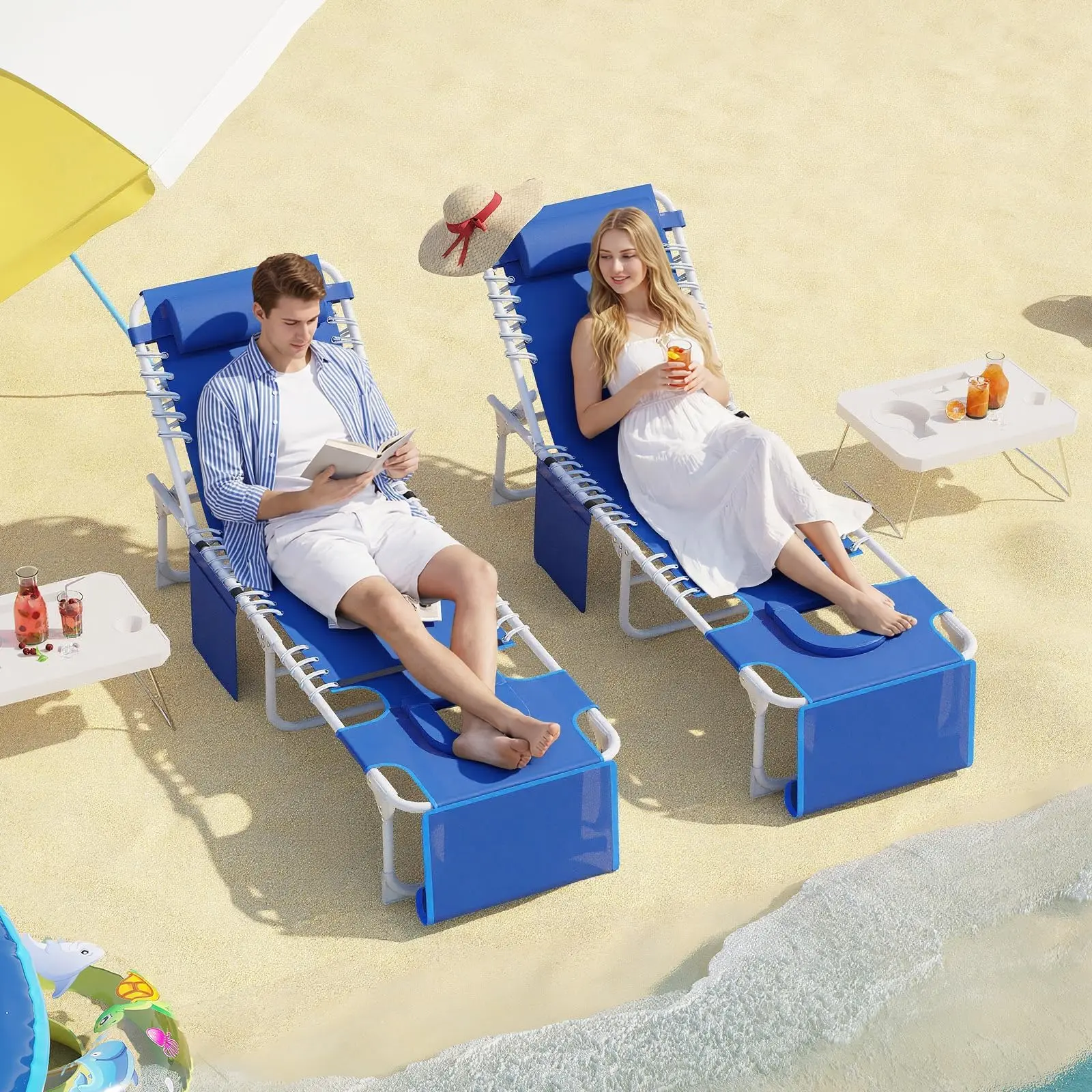 3-in-1 Folding Tanning Lounge Chair Only, 5 Adjustable Positions Recliner with Face & Arm Holes, Removable Pillow Side Pocket Small Table, Heavy Duty Sun Bathing Chaise Supports 330 Lbs for Beach Pool Patio