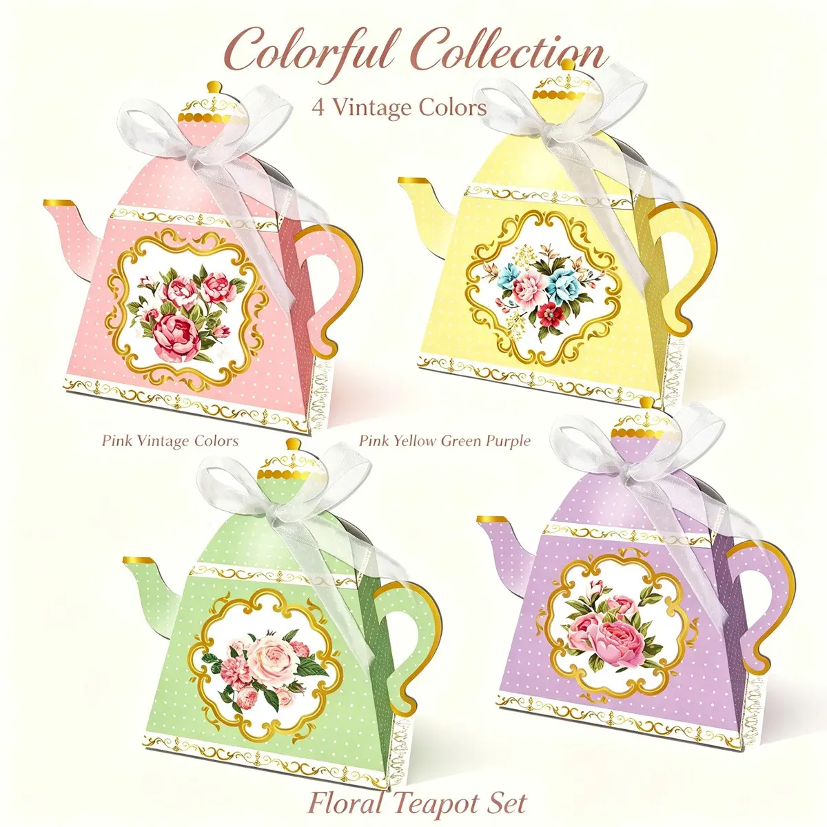 12pcs Vintage Floral Teapot-Shaped Gift Boxes, Perfect for Weddings & Bridal Showers, Elegant Souvenirs with Ribbons, Assorted Styles