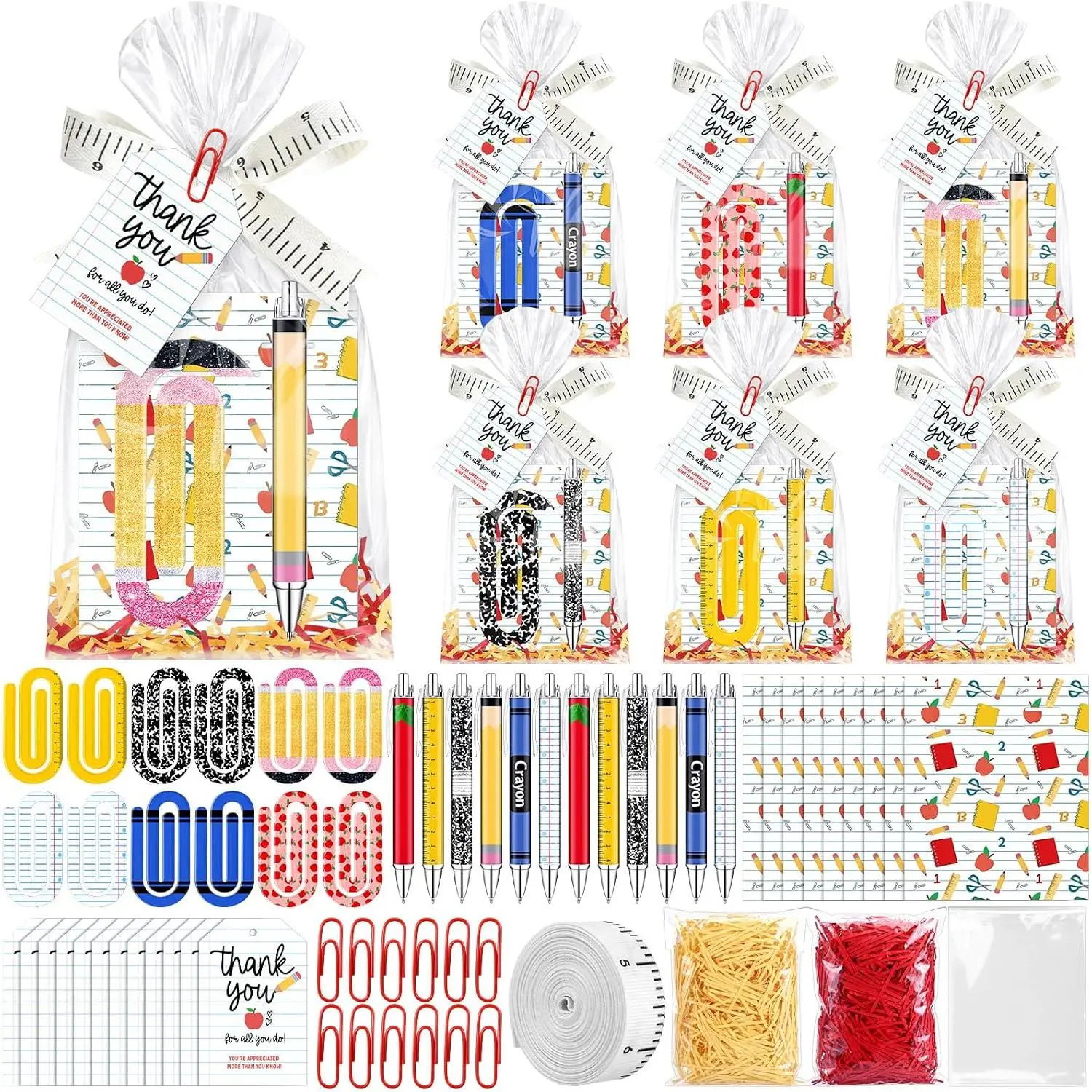 12-Set Classroom Theme Teacher Staff Coordinated Pack, Office Stationery Kit Includes Pens, Paper Clips, Thank You Cards, Rulers, Ribbons, Cellophane Bags for Back to School, Teachers Staff
