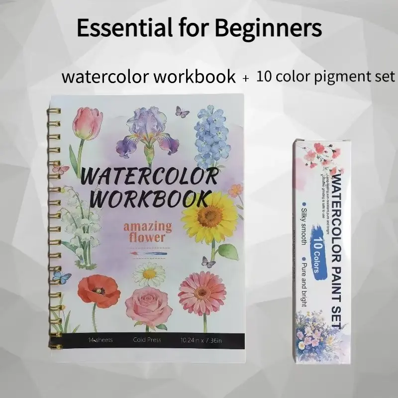 Watercolor drawing book+10 color watercolor paint set, painting supplies set, flower themed watercolor drawing book, including 12 types of flowers for painting and painting tutorials, very suitable for beginners, sketching, and art practice, Paint Kit