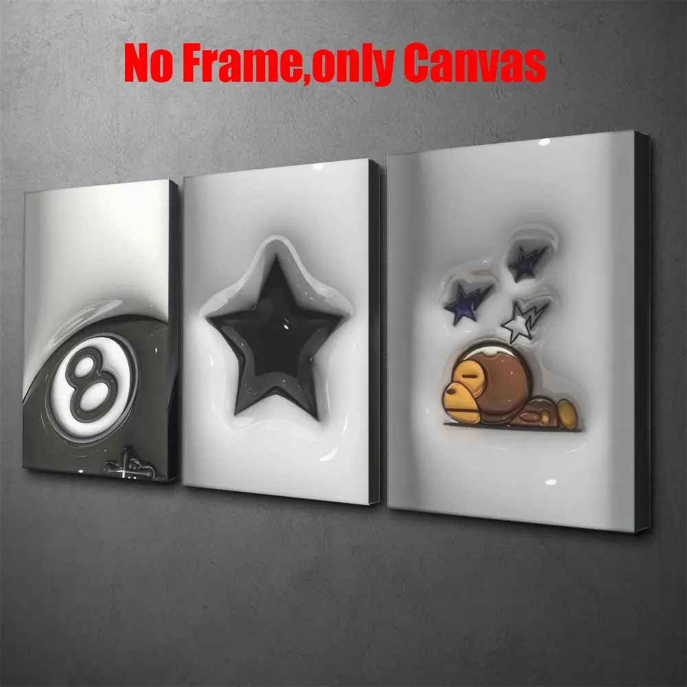 3pc-Hypebeast Wall Art, Black Star and 8 Ball Poster, Street Pop Art Printing, White and Black Canvas Material Decoration, Aesthetic Design, Living Room & Bedroom Aesthetic, Perfect Gift For Billiards Lovers, Decoration Items, Unframed.