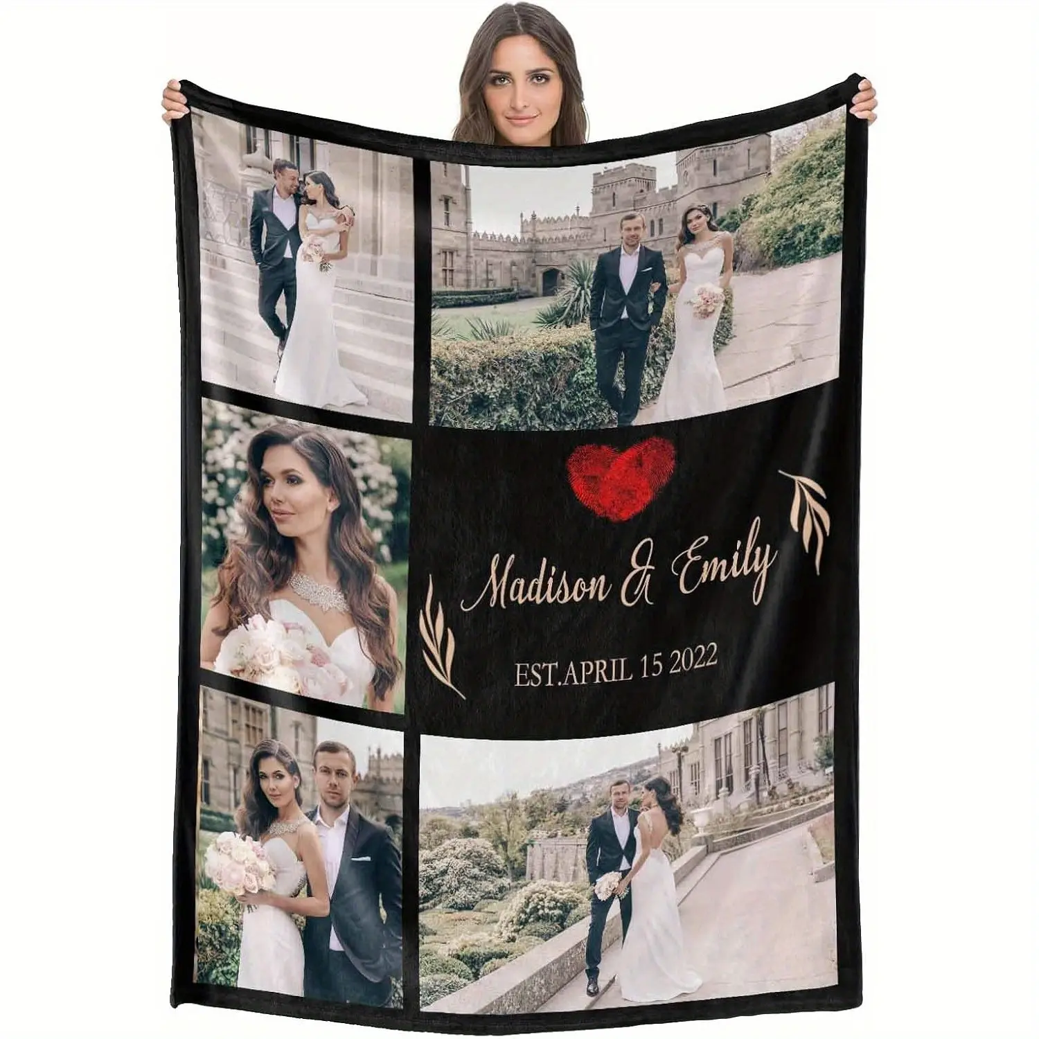 Custom Madison Emily 5 Photo Wedding Flannel Blanket, Personalized EST Date Bride Groom Soft Throw, Cozy Warm Romantic Newlywed Gift for Her Him, Anniversary Memory Home Decor for Couch Sofa Bed, AC Room Summer Blanket, Marriage Keepsake