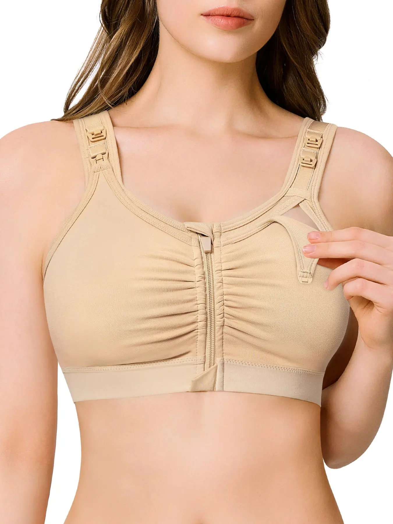 Postpartum Nursing Bra, Breathable Maternity Wireless Bra with Wide Straps, Front Zipper Design, Shoulder Button Hole, Window Style Privacy Protection, Maternity Bras for Breastfeeding