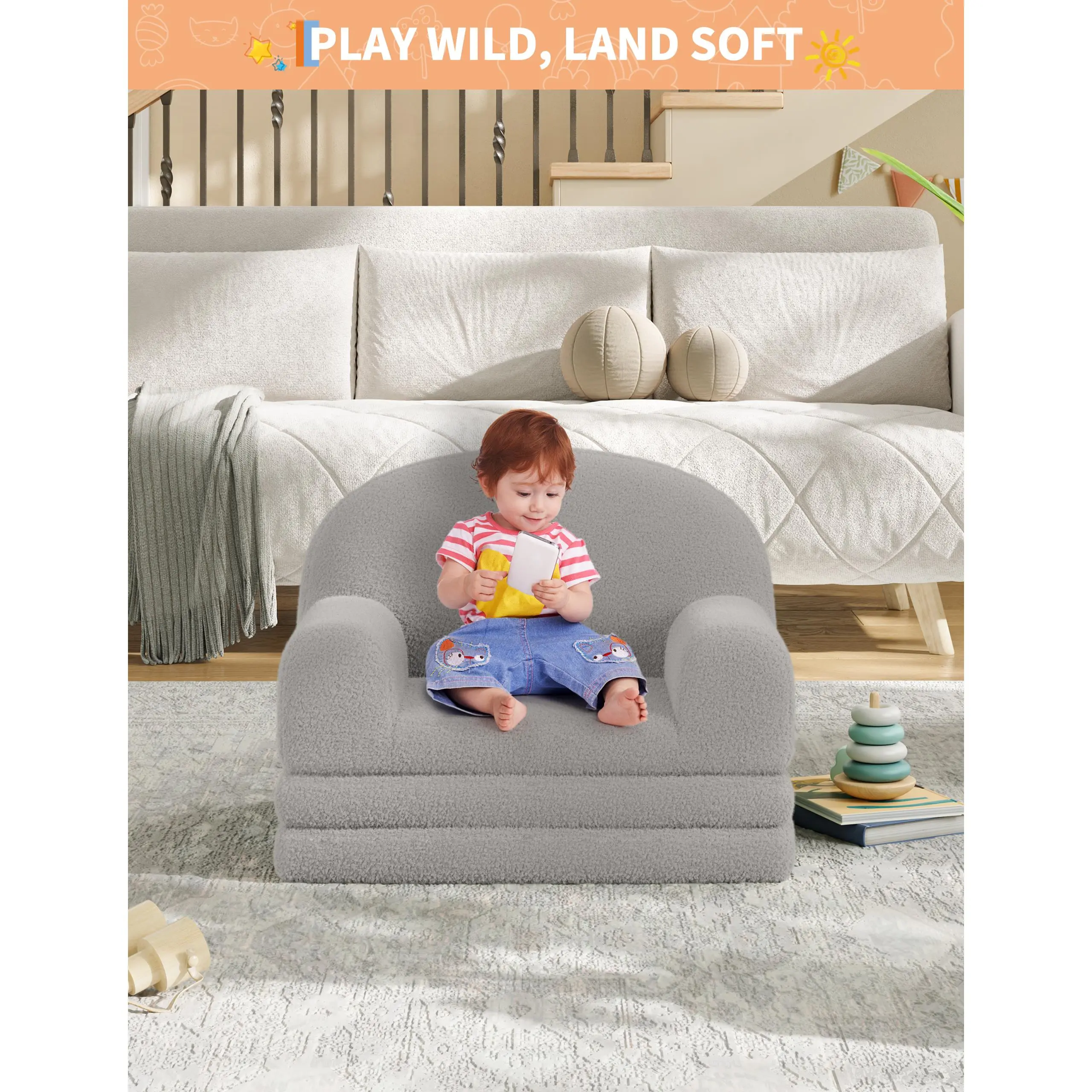 GARVEE 2-in-1 Convertible Kids Sofa Chair – Soft Soft Toddler Couch & Lounger, Cozy Cuddly Fleece/Sherpa, Fold-Out Design for Playroom & Nursery, Ideal Gift for Boys & Girls (Gray/Green Moon, Medium)