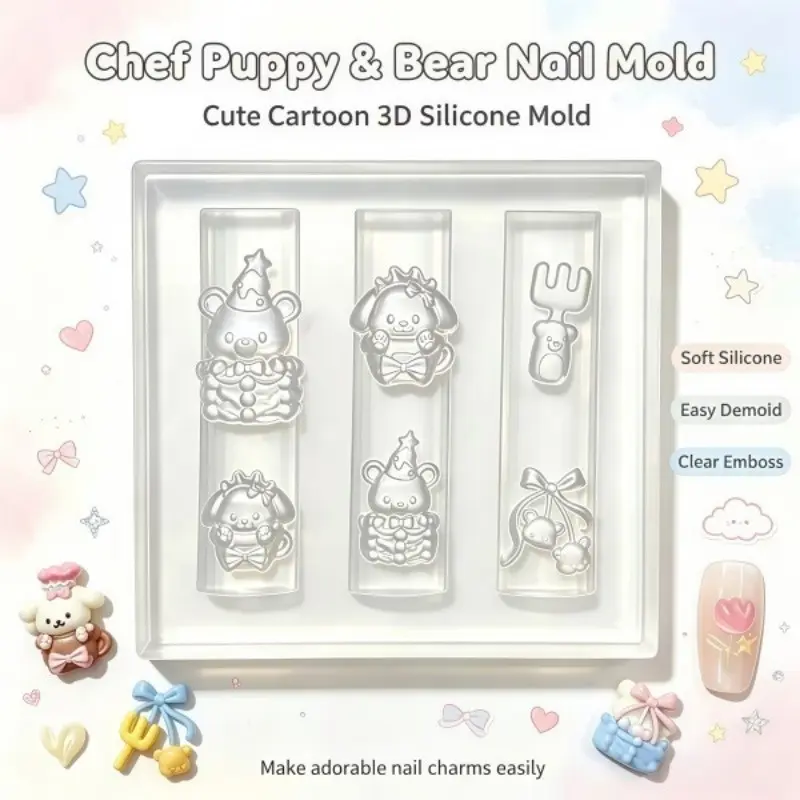 Cute Nail Art Silicone Mold, Kitchen Bear Dog Cake Ice Cream Fork Spoon Molds, 3D Nail Art DIY Decoration, Original Nail Art Mold