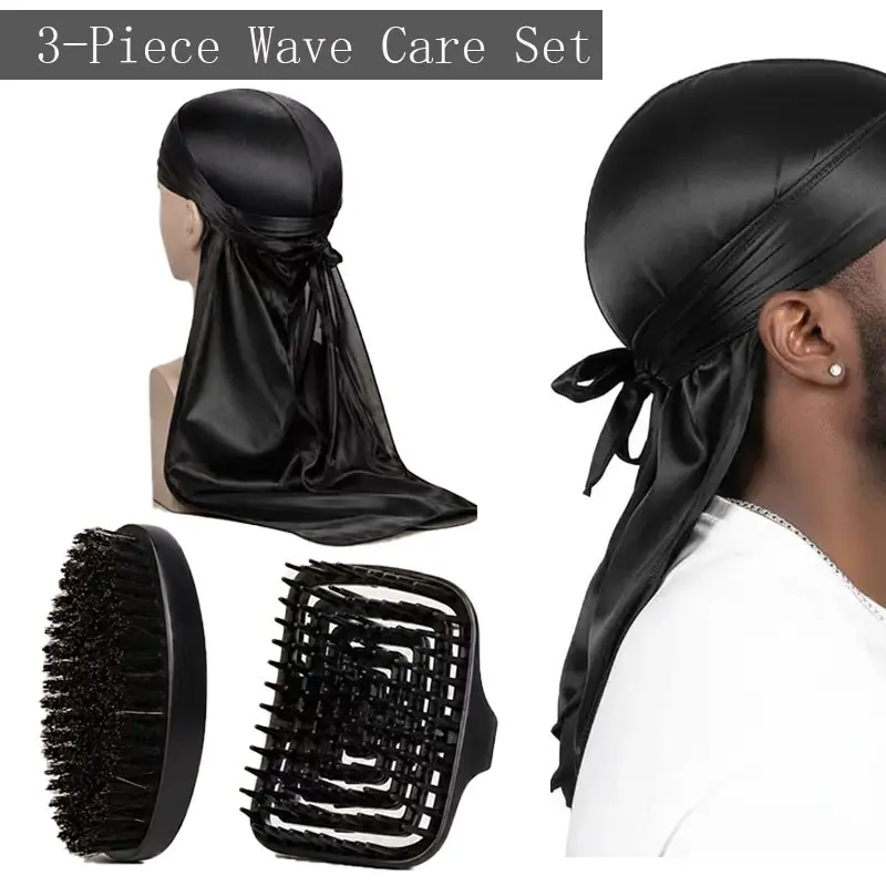 3-Piece 360 Wave Brush Kit for Men, Wave Brush & Scalp Brush with Black Durag, Hair Brushing and Scalp Massage Set for Deep Wave Definition, Styling, Compression and Daily Wave Hair Care