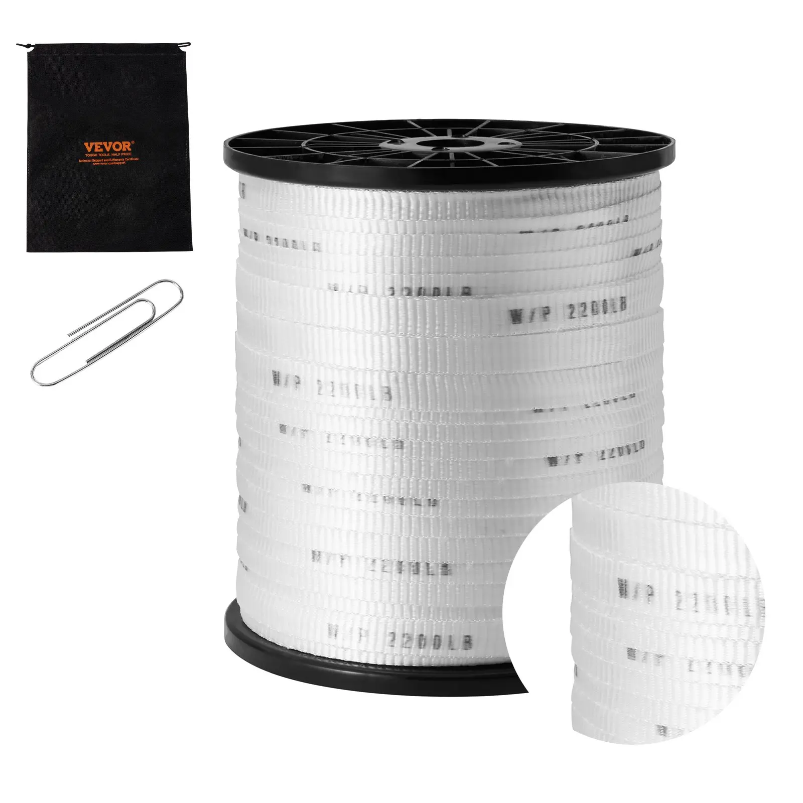VEVOR 5/8"x630' (192 m) Polyester Mule Tape Flat Rope Pull Tape, 2200 lbf Tensile Capacity Printed Webbing, for Commercial Cable Pulling, Conduit Work, White