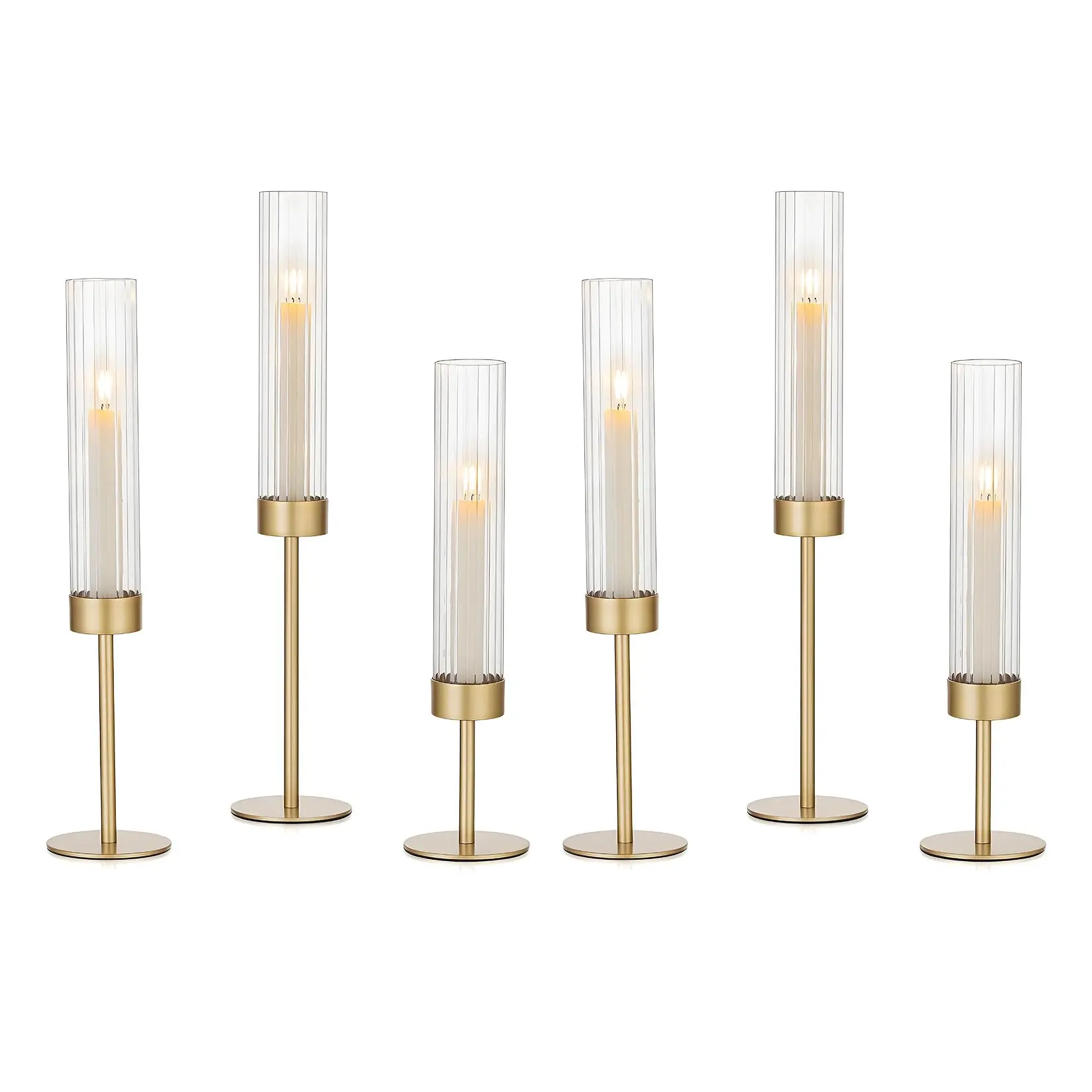 GARVEE Gold Hurricane Candle Holders Set of 6 with Ribbed Glass Cylinder Sleeves, Elegant Taper Candlestick Holders Perfect for Wedding, Birthday, Christmas, and Home Decor Centerpieces