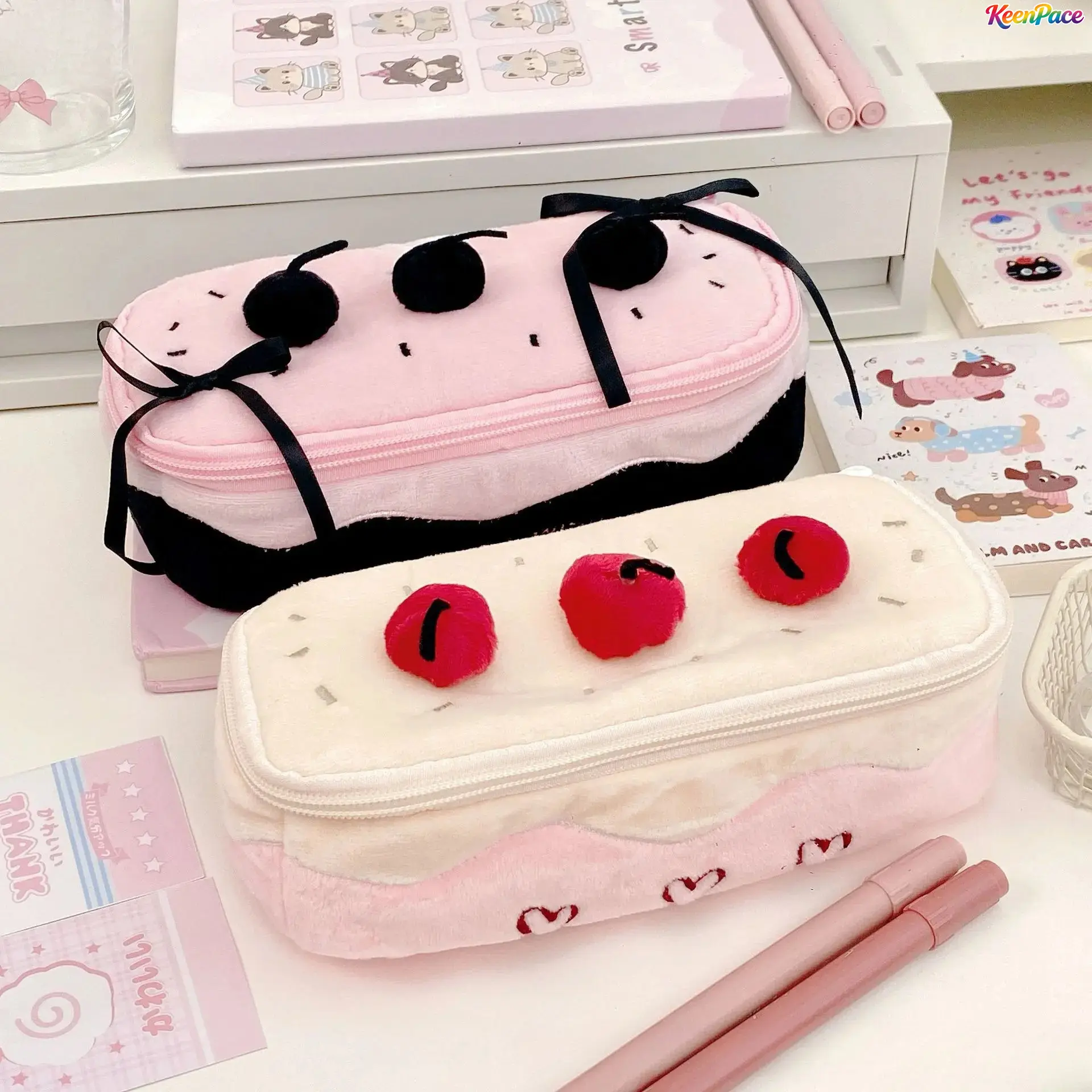 Cute Fluffy Cherry Cake-Shaped Plush Pencil Case with Pom Pom Decor - Lightweight, Large-Capacity Kawaii Dual-Use Organizer for 14+ Years Teen Girls, Holds Pens, School Supplies, Art Supplies, Cosmetics, Holds Pens, Art Supplies, Cosmetics