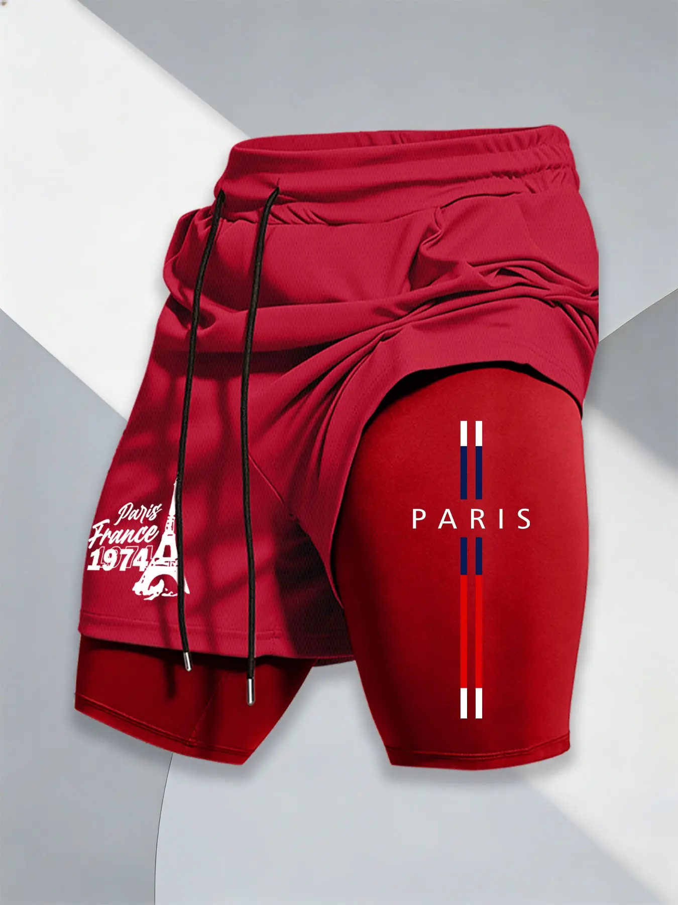 Paris Eiffel Tower Letter Print Sporty Shorts, Activewear Shorts, Graphic Fitness Shorts, Work Out Shorts, Quick-Dry Breathable Anti-Exposure, Men's Fitness Running Casual Pants, Slim-Fitting Design