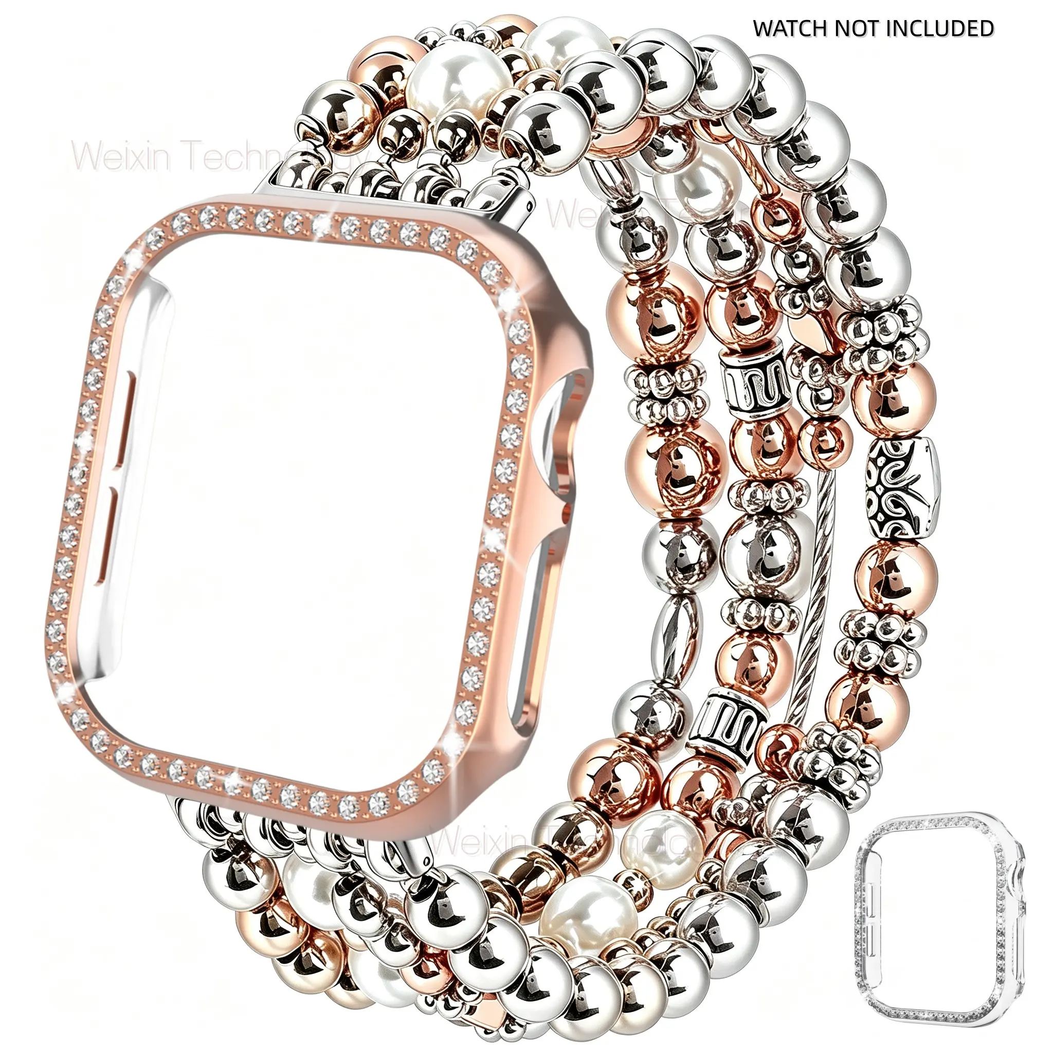 Comes with 2 watch cases and 1 metal strap, suitable for Apple Watch strap 40mm 44mm 42mm 46mm 45mm 41mm women's, elastic bead strap suitable for iWatch series 11 10 9 8 7 6 5 4 SE 3/SE 2nd/SE protective case with sparkling diamonds