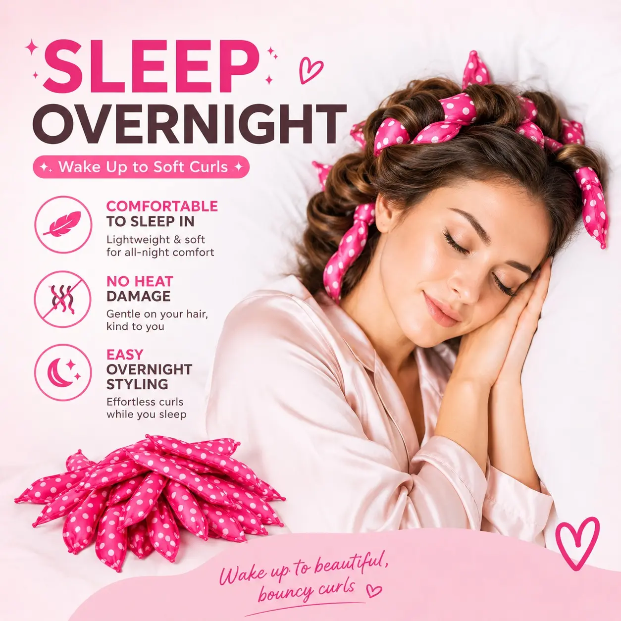 10/20/30/40Pcs Haircare Heatless Hair Curlers, No Heat Overnight Curling Rods for Women, Soft Foam Sleep-In Hair Rollers, Flexible Hair Roller for Natural Waves & Bouncy Curls, Reusable Pink Polka Dot Curlers for Long, Short, Thick Hair