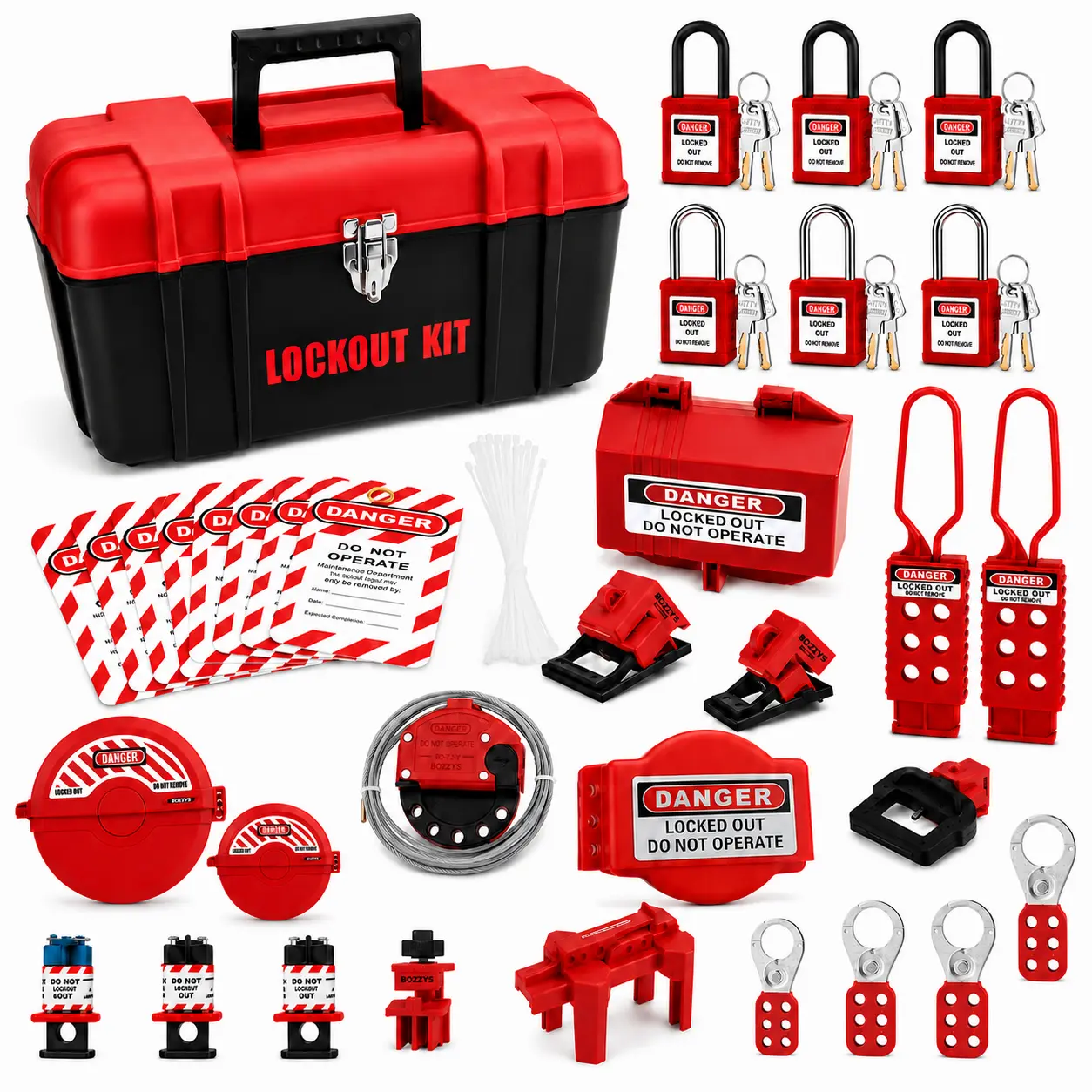 BOZZYS 39PCS Industrial Lockout Tagout Kit, LOTO Safety Lock Set with Padlocks, Circuit Breaker Lockouts, Valve Lockout, Plug Lockout, Warning Tags & Carry Bag