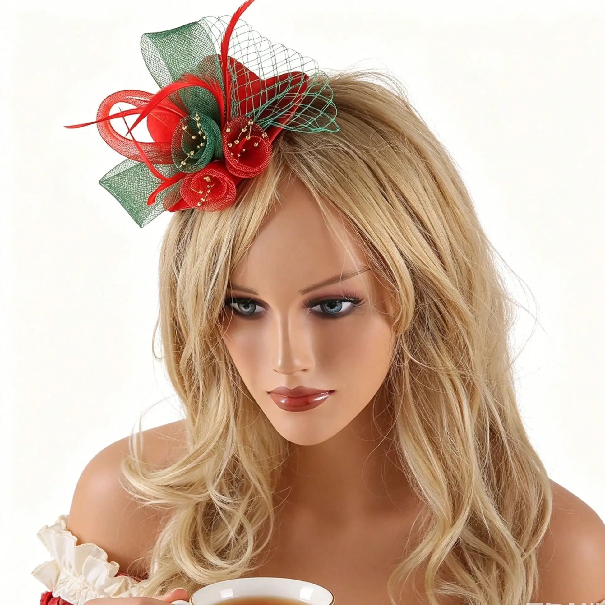 Women's Christmas Red-Green Mesh Fascinator Hair Clip, Handmade Polyester Mix Floral Feather Net Headpiece, 1 Size for Wedding, Holiday Cocktail Tea Party, One Size