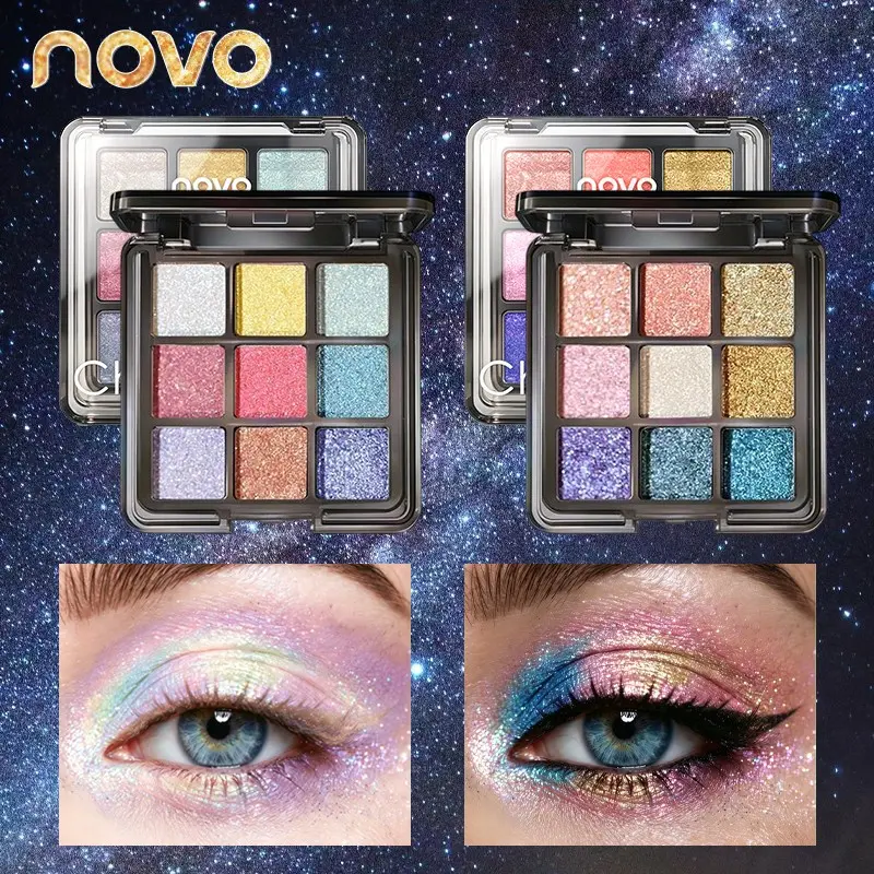 NOVO 9 Shades Glitter Eyeshadow Palette High Shine Sparkly Shimmer Pigment Blendable Creative Stage & Party Eye Makeup