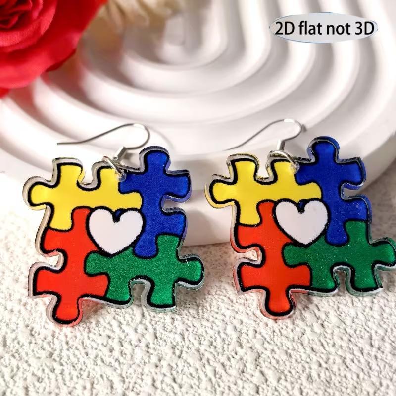 New Rainbow Puzzle Earrings European and American Style Creative and Versatile Autism-themed Heart Puzzle Ear Jewelry Accessory