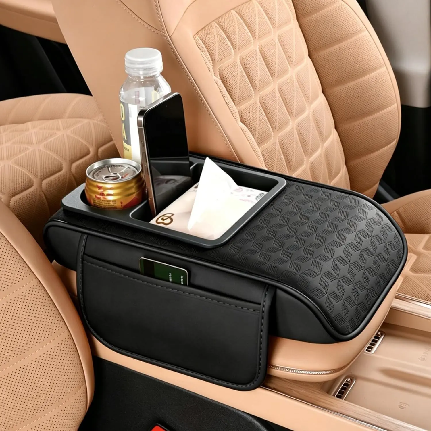 Center Console Cover with Storage Bags, 5-in-1 Auto Armrest Cover |  Armrest Cushion with Cup Holder, Tissue Box, Phone Slot,  Armrest Cushion for