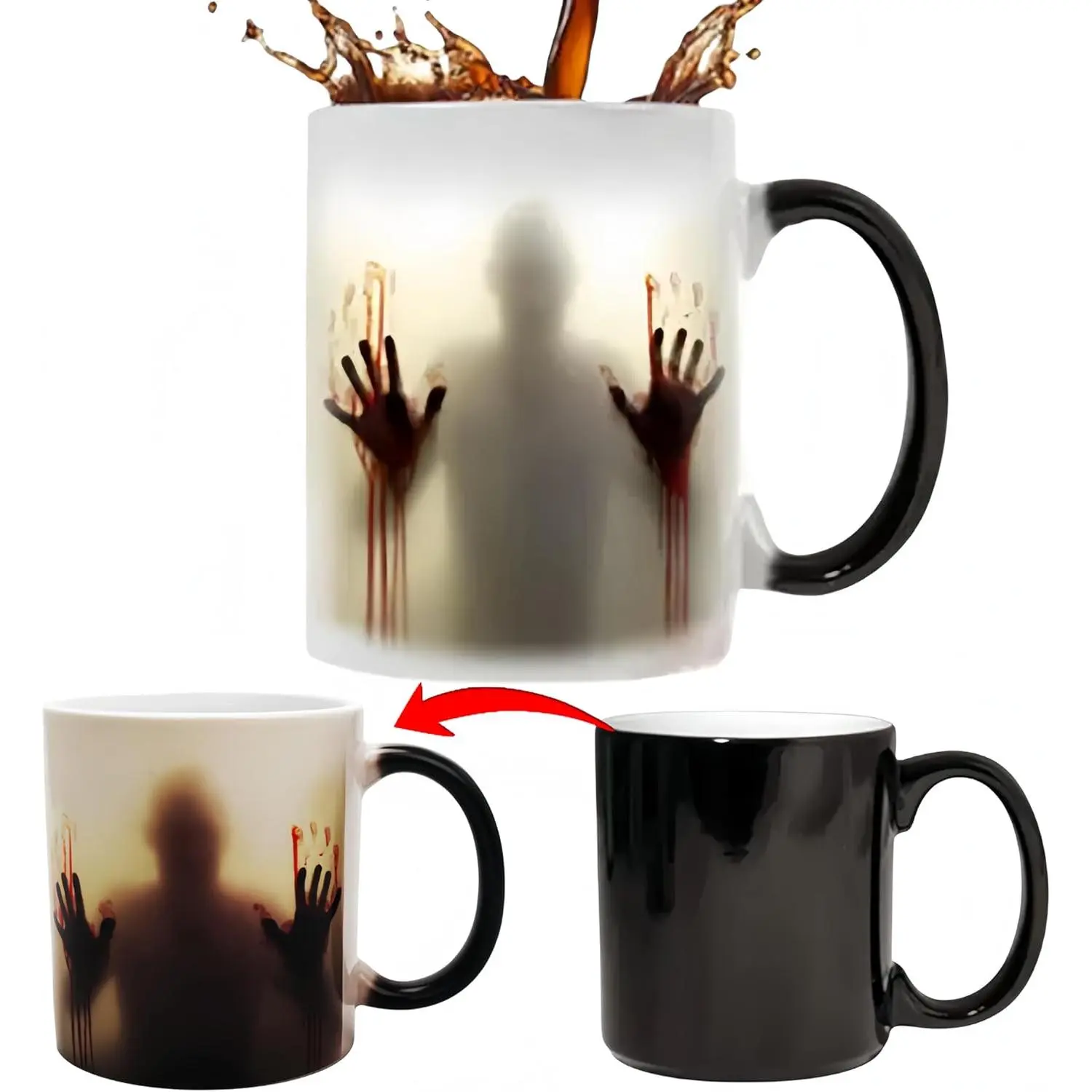 Horror Bloody Handprint Silhouette 11oz Heat Changing Color Morphing Mug, Black to White Heat Sensitive Reveal Ceramic Coffee Cup, Scary Halloween Spooky Drinkware, Thriller Gag Gift for Horror Fans