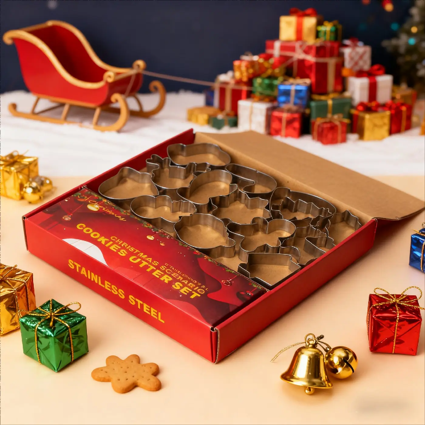 14PCS Christmas Cookie Cutter Set Food Grade Stainless Steel Mistletoe Candy Cane Gingerbread Man Shapes for Xmas Party Home DIY Baking Easy Use Food Safe Multi-Use Chocolate Cheese Fruit Bakeware Tool