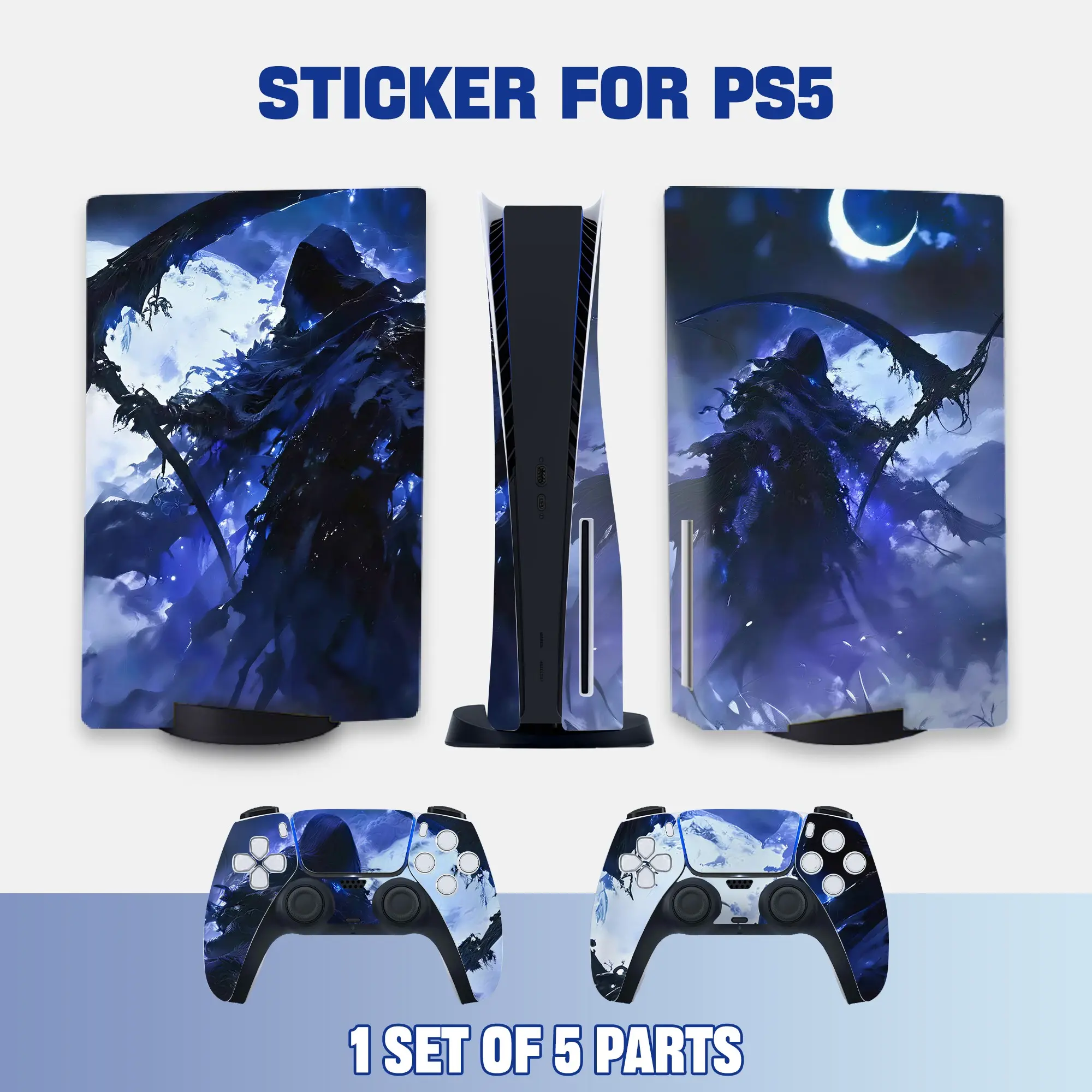 Blue & Black Dark Fantasy Style PS5 Disc Edition Vinyl Skin Sticker for Console & Controllers, Waterproof, Scratch-Resistant, Dustproof, Removable & No Residue