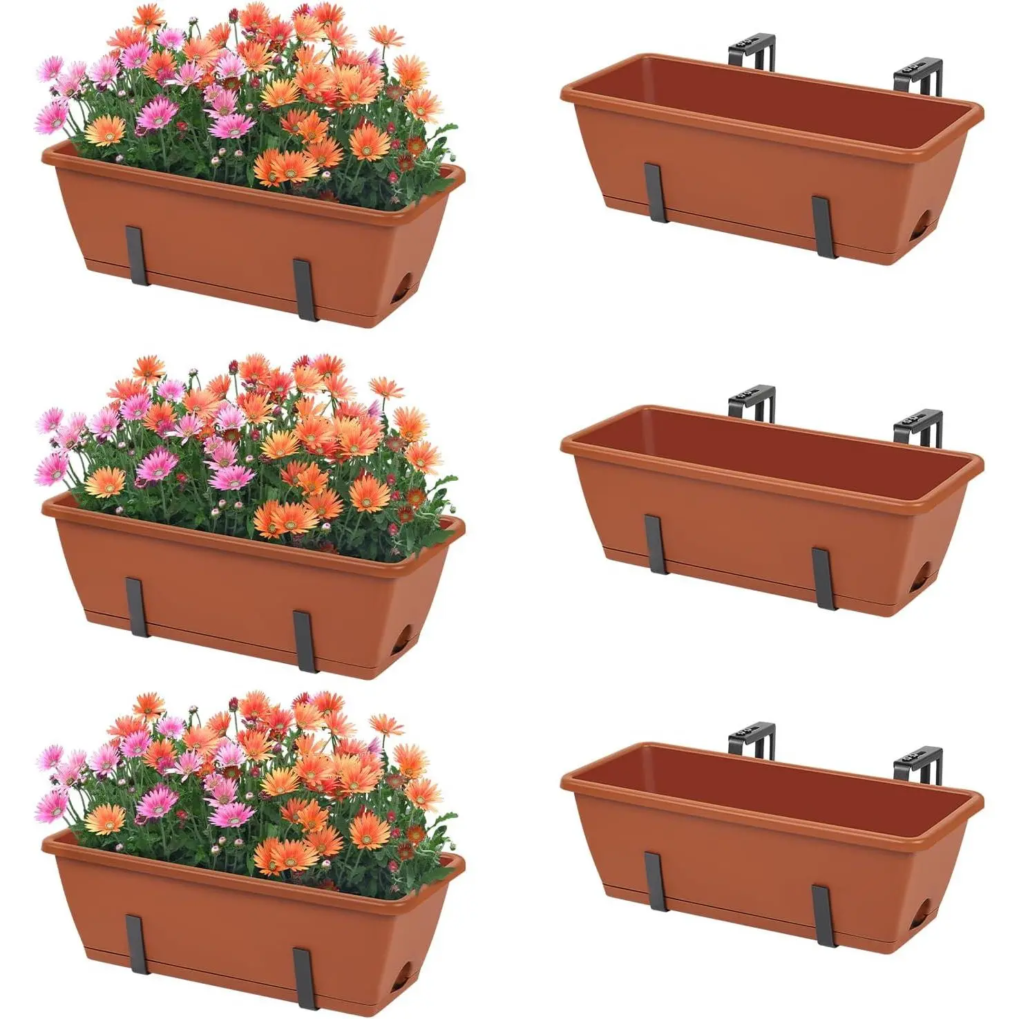 6 Pack Railing Planter Boxes Outdoor Window Boxes Planter with Drainage Holes, Plastic Garden Fence Planters with Metal Brackets for Deck, Balcony, Patio, Brick Red