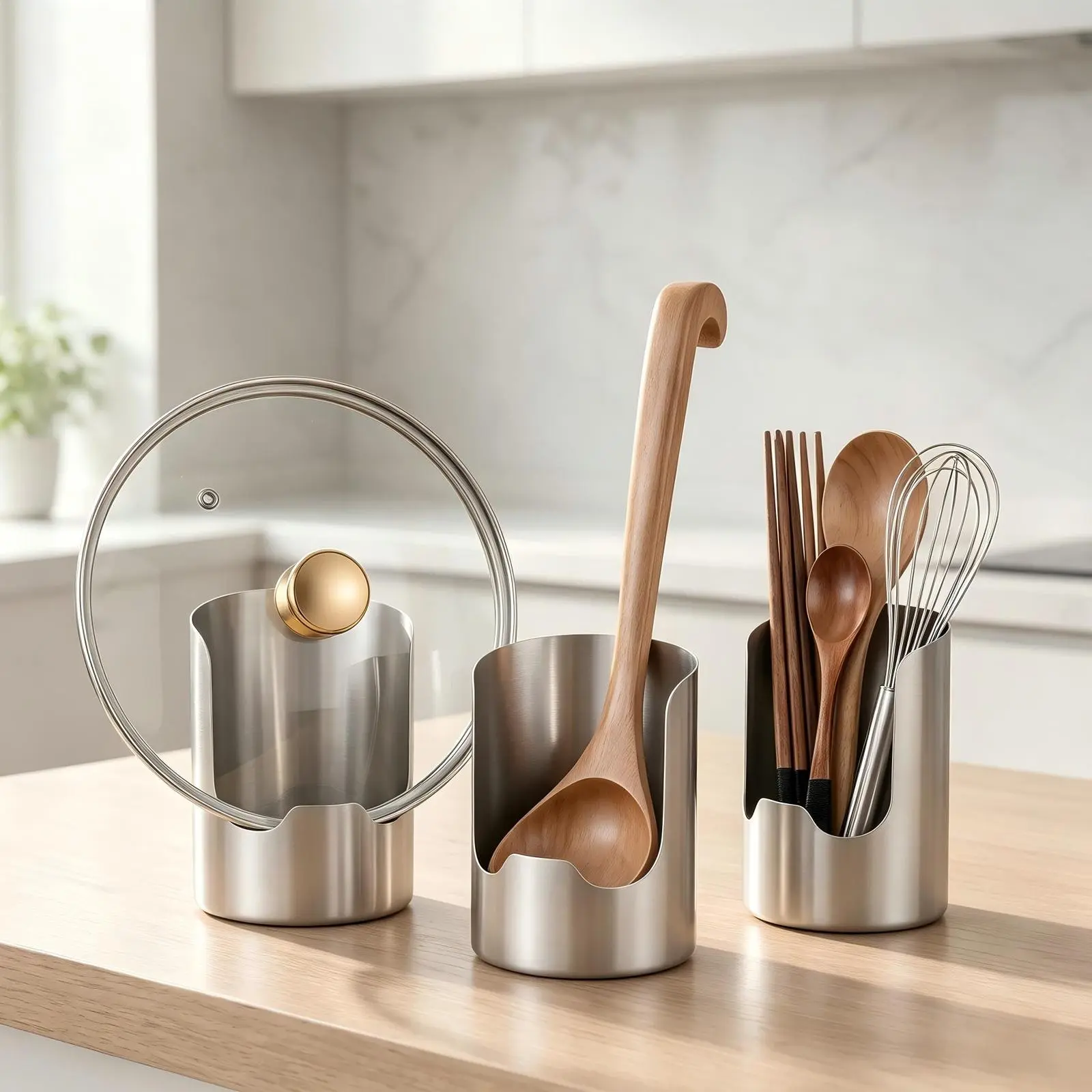 Kitchen Stainless Steel Utensil Holder Multifunctional Countertop Spoon Lid Storage Organizer