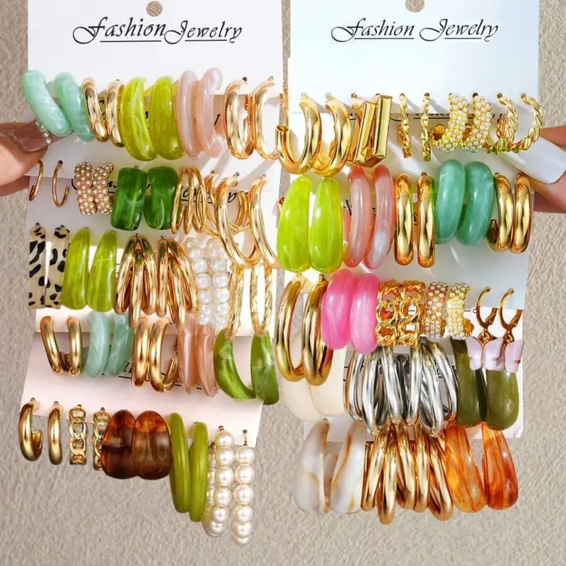 92pcs Bohemian Faux Pearl Resin Earring Stacking Set, Multicolor Fashion Jewelry, Daily Beach Date Party Summer Gift, All Seasons Style