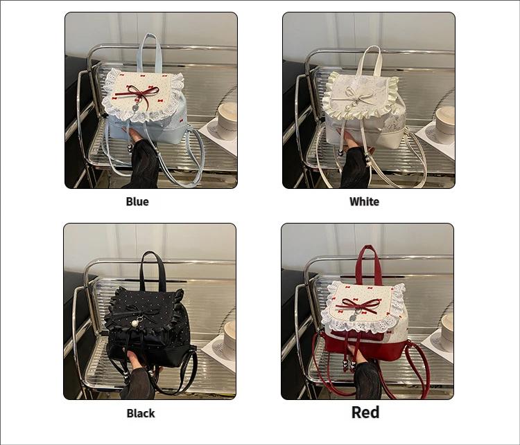 Polka Dot Lace Bow Mini Backpack for Women, Cute Coquette Y2K Bucket Bag, Lightweight Small Backpack with Adjustable Straps, Aesthetic School Travel Daily Outfit Bag for Girls & Teens