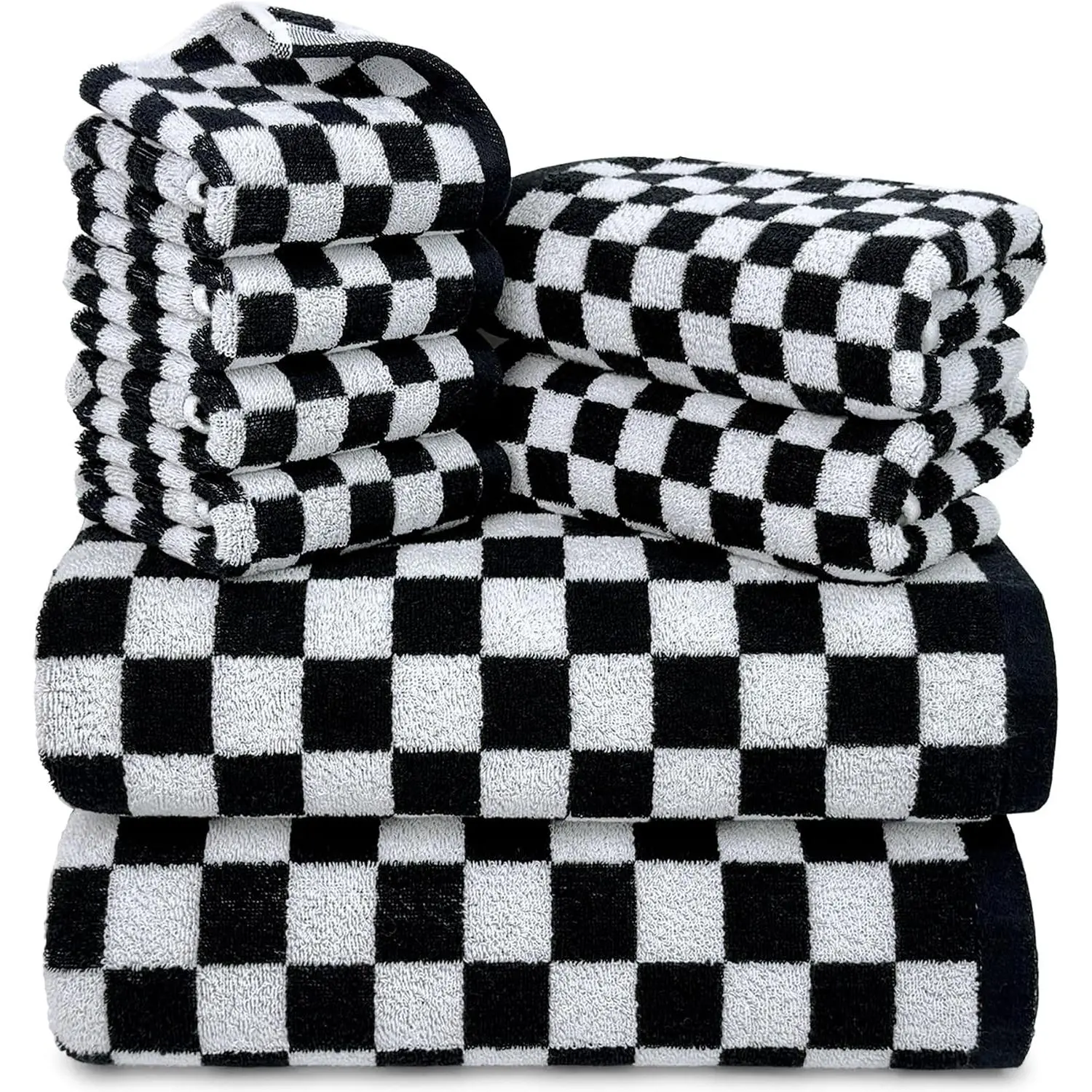 Black and White Towels Set of 8, Cute Checkered Towels for Bathroom Decor, 2 Bath, 2 Hand, 4 Washcloths, Cotton