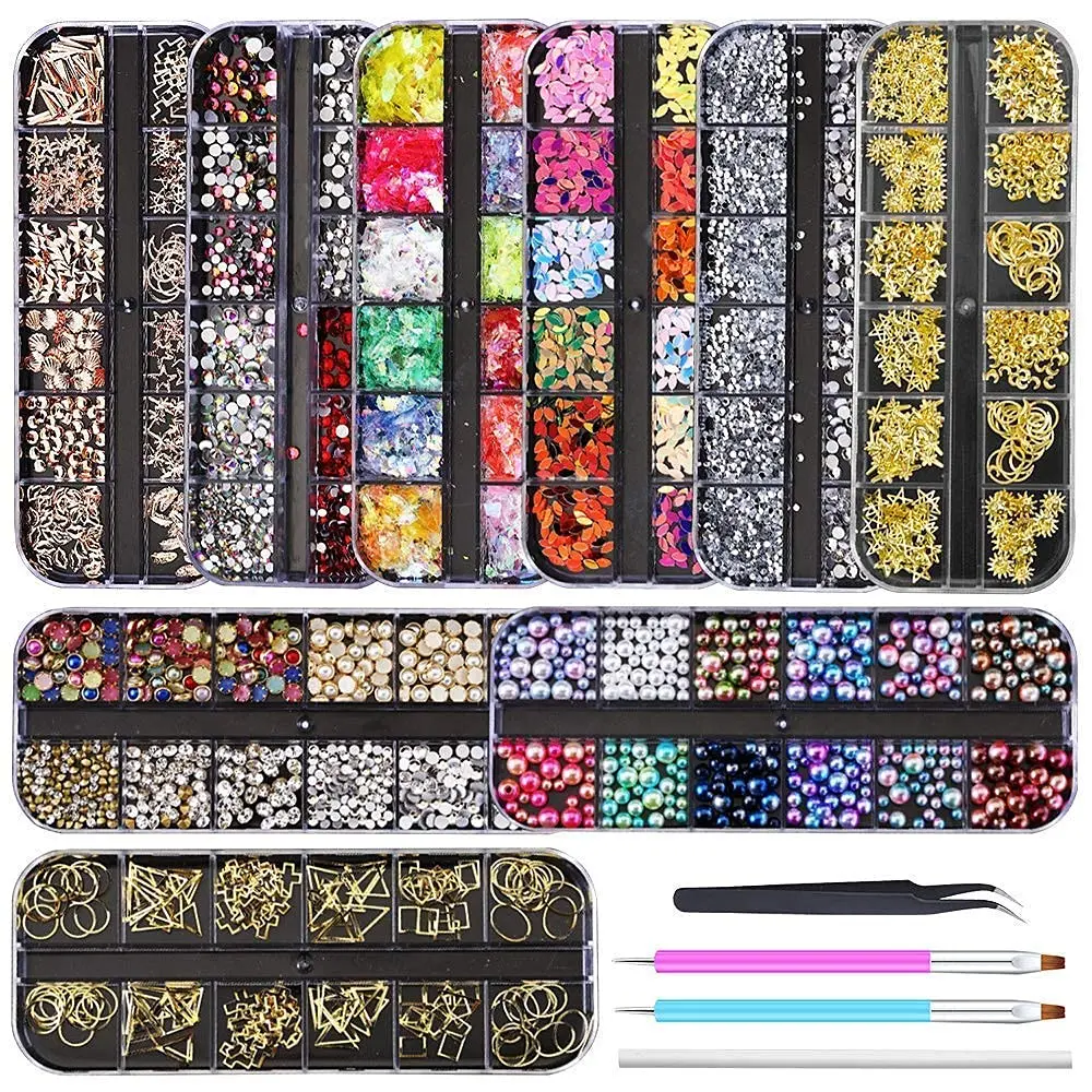 Fashion Nail Art Rhinestones Kit - 9 Boxes with Glitter Gems, Diamonds, Studs, Crystals, Sequins, 1 Tweezers & 3 Pens for DIY Scrapbooking & Stamping Supplies Accessories