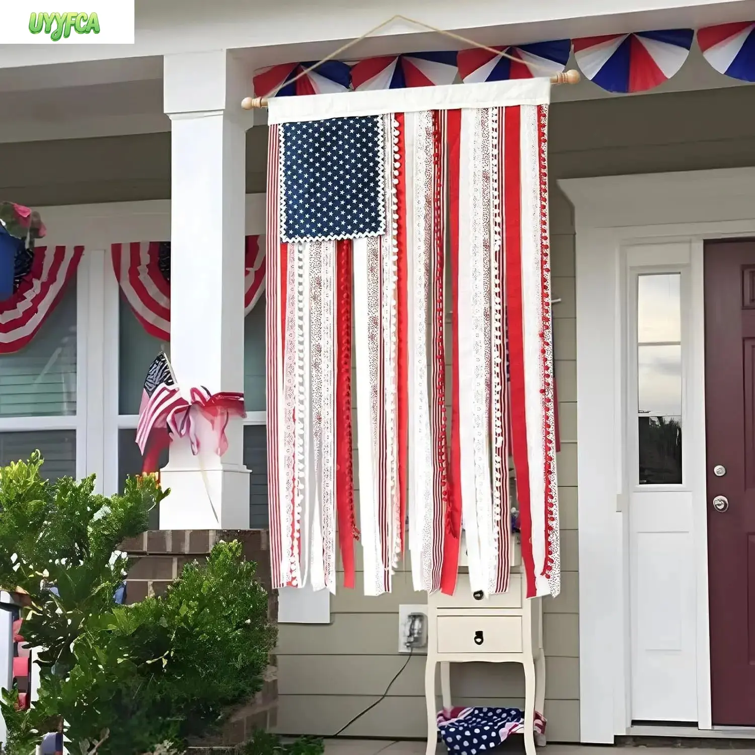 Big American Flag Burlap Banner Charm - Patriotic Tassel Bag Accessory, Rustic Boho Americana Wall Hanging Decoration, Classic Vintage Texture, Festive Holiday Party Decor for 4th Of July Independence Day, Bohemian Rustic, Tasseled Edge, Large, Outdoor, B