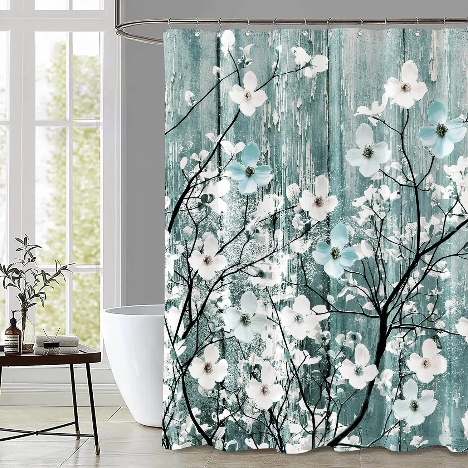 Rustic Shower Curtain Set Blue Watercolor Flower Bath Curtain Hooks Country Farm Style Shower Decor Fabric Wooden Background Floral Shower Curtain Waterproof Shower Curtains 70.866×70.866 Inches