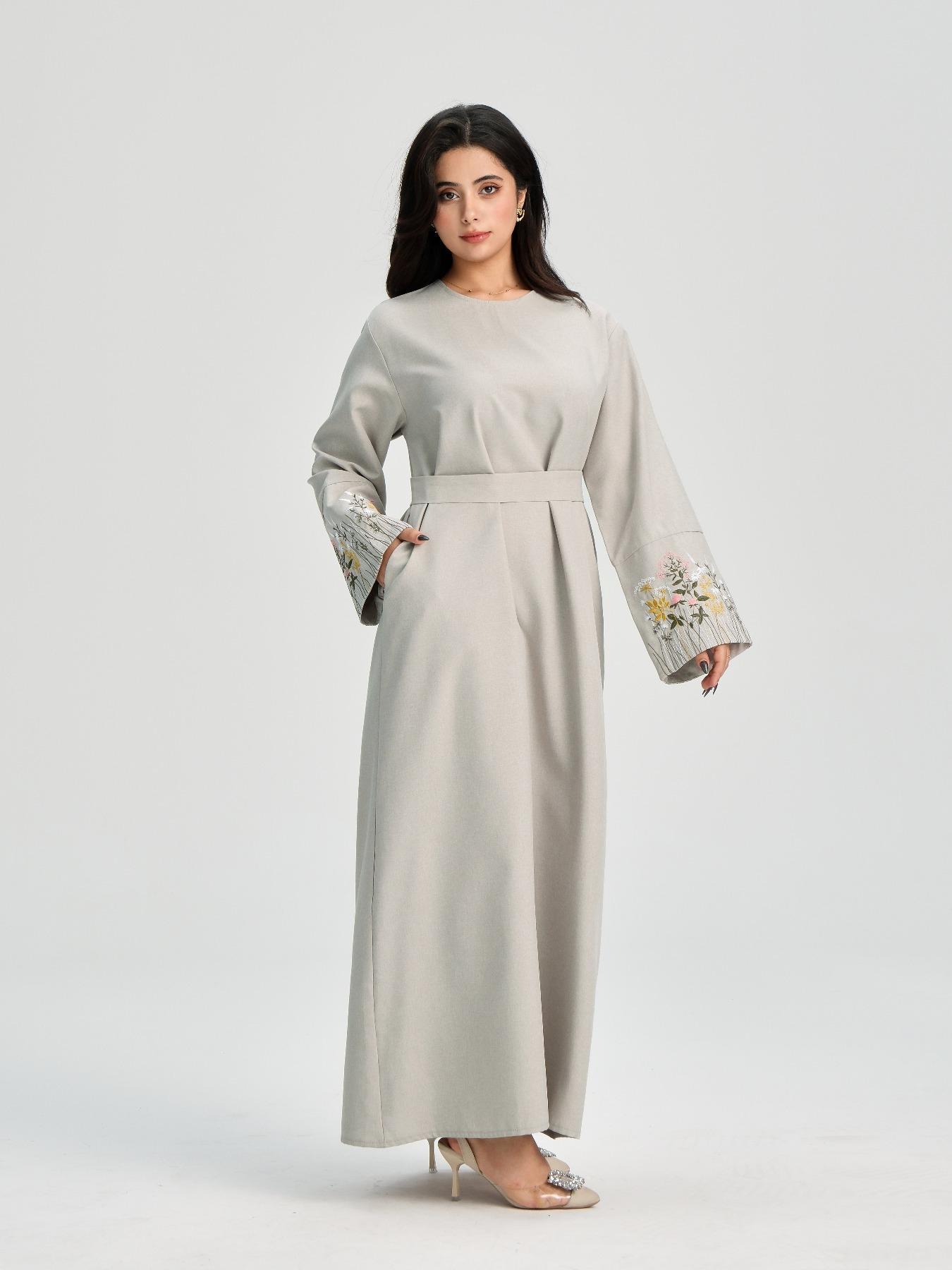 Women's Floral Embroidery Long Sleeve Dress, Modest Casual Round Neck Dress for Daily Wear, Ladies Islamic Clothing for All Seasons, Muslim Women Gowns, Modest Muslim Outfits, Modest Abaya Dress